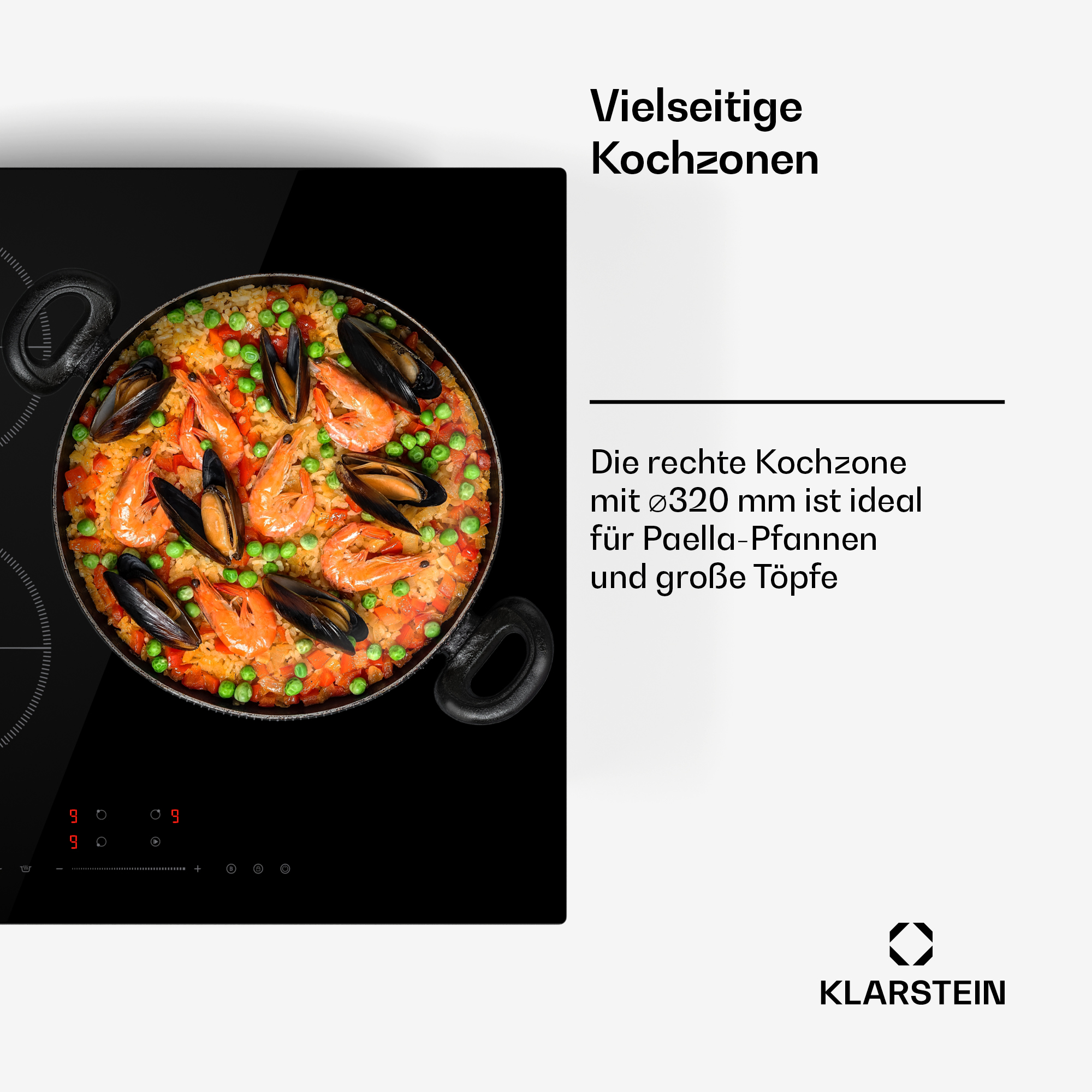 Eine Pfanne mit Essen auf einem schwarzen Herd. Text: Die rechte Kochzone mit Ø320 mm ist ideal für Paella-Pfannen und große Töpfe.