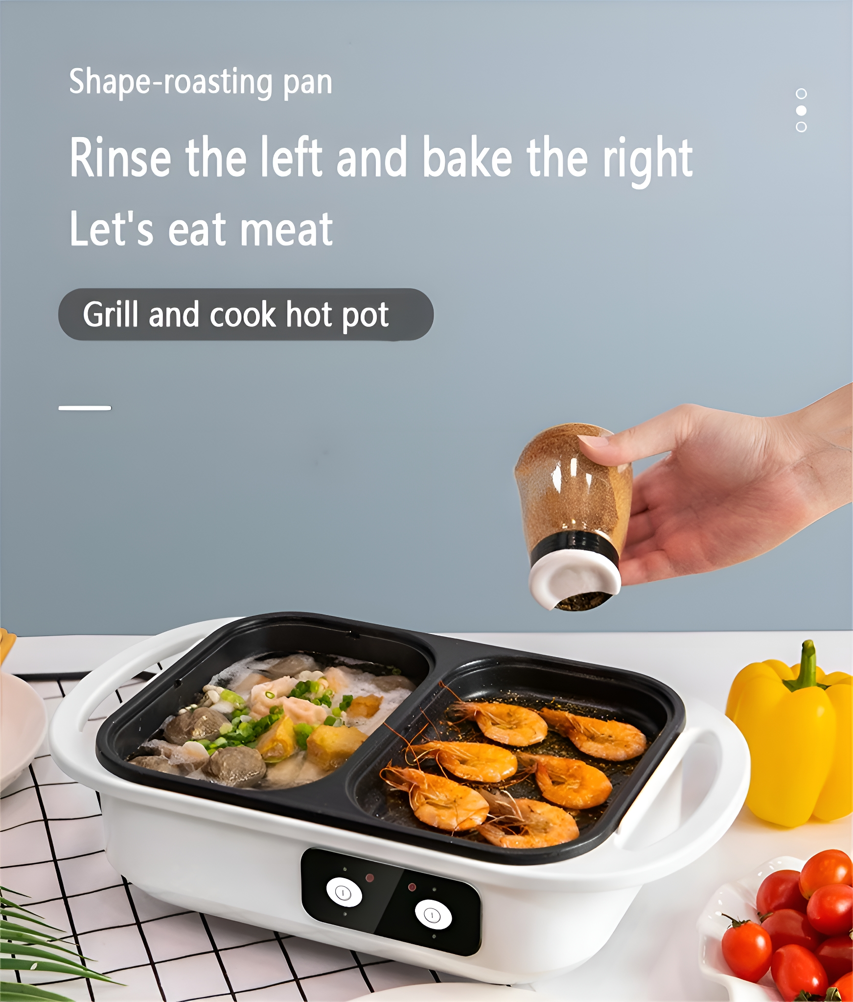 Eine Person würzt Essen in einem geteilten Elektrogrill mit einem Hot-Pot-Bereich.