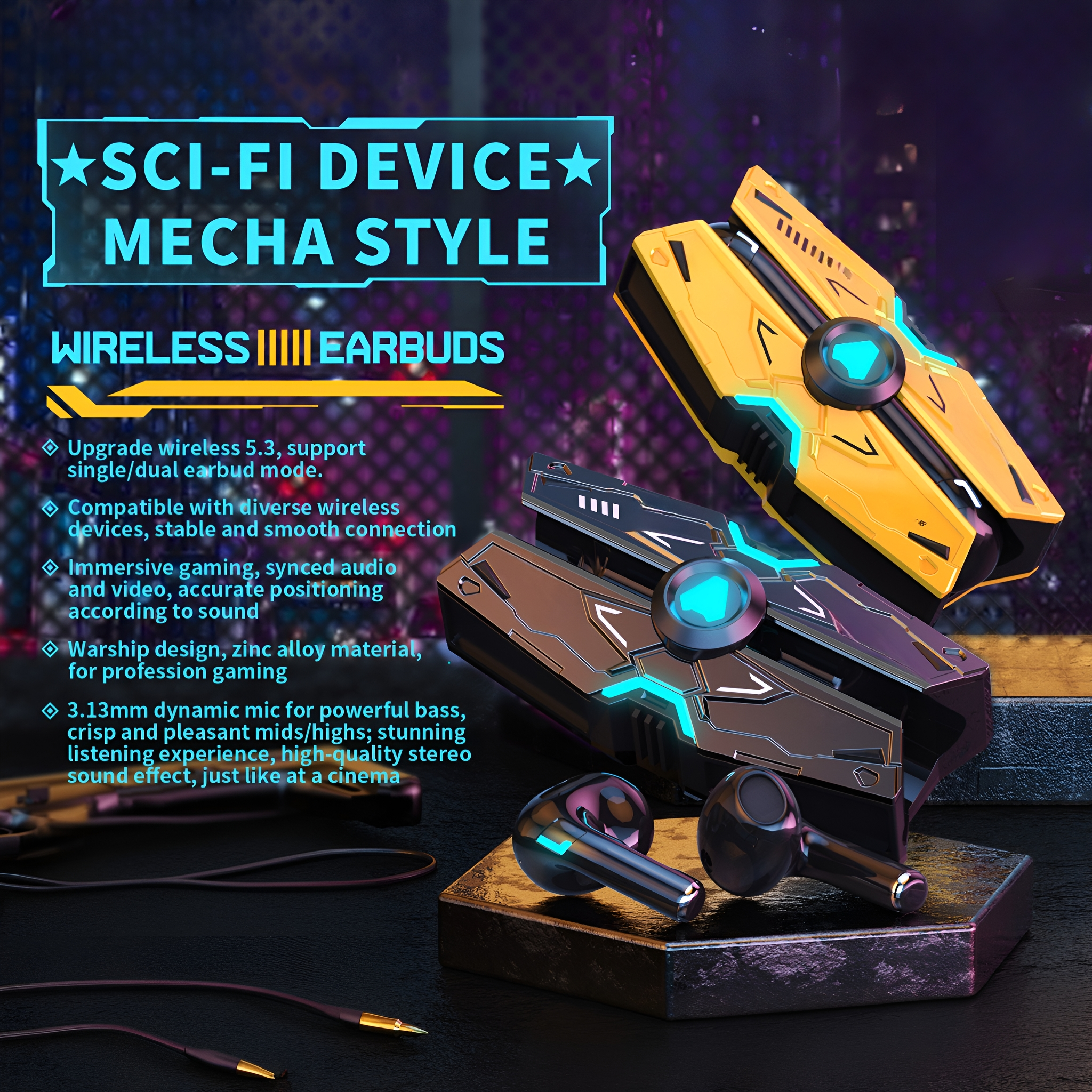 Kopfhörer in einem Etui. Der Text auf dem Bild lautet: SCI-FI DEVICE MECHA STYLE. Kabellose Ohrhörer.
