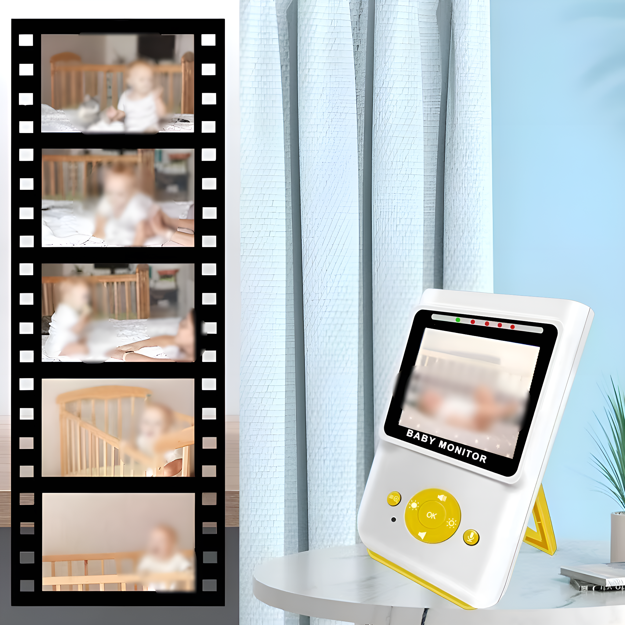 Ein Babyphone mit Bildschirm, der verschwommene Bilder zeigt, neben einem Filmstreifen mit Babybildern.