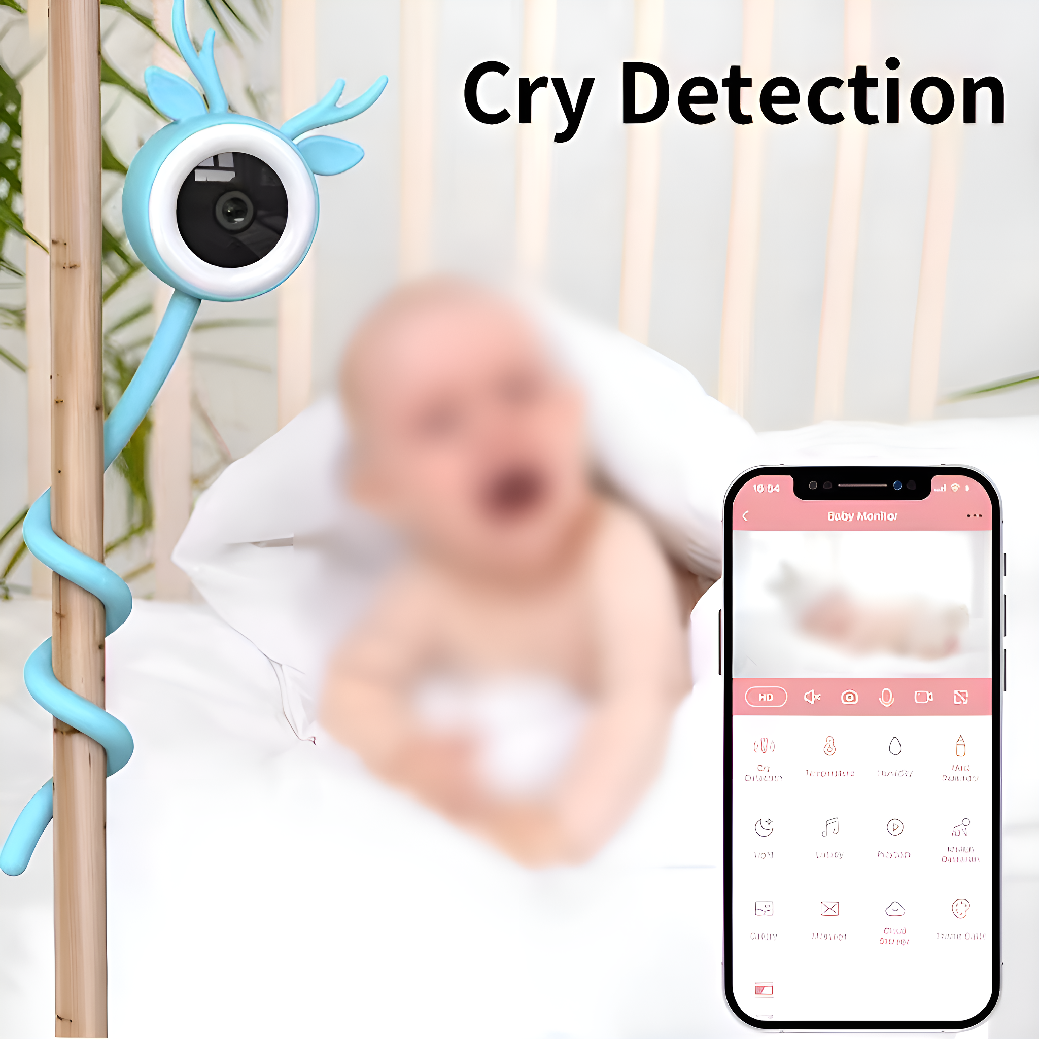 Ein Babyphone mit einer blauen Kamera, einem Baby im Hintergrund und einem Telefon mit App.