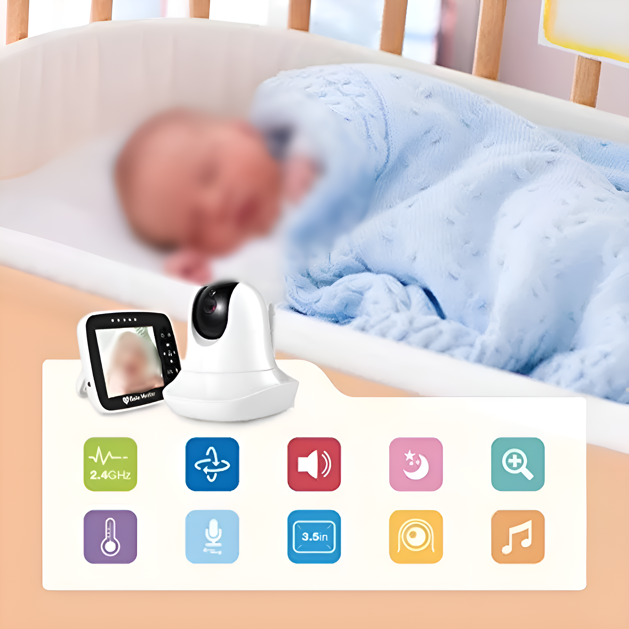 Babyphone mit Baby im Hintergrund im Kinderbett und Symbolen für Funktionen darunter.