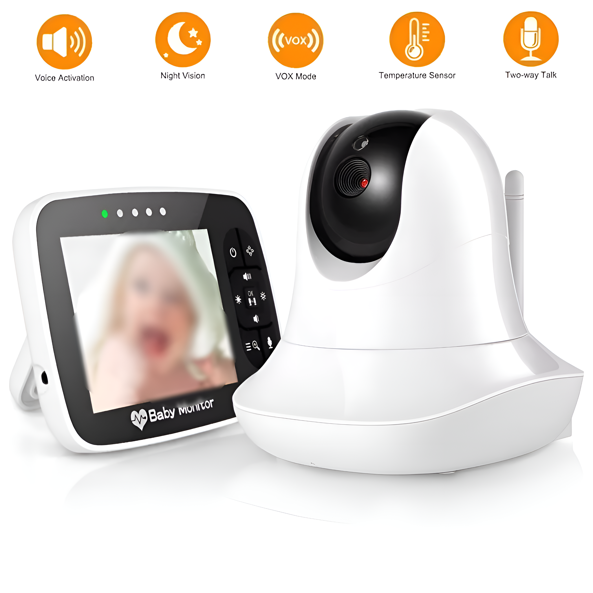 Babyphone mit Bildschirm, der ein Baby zeigt, und Kamera mit Funktionssymbolen.