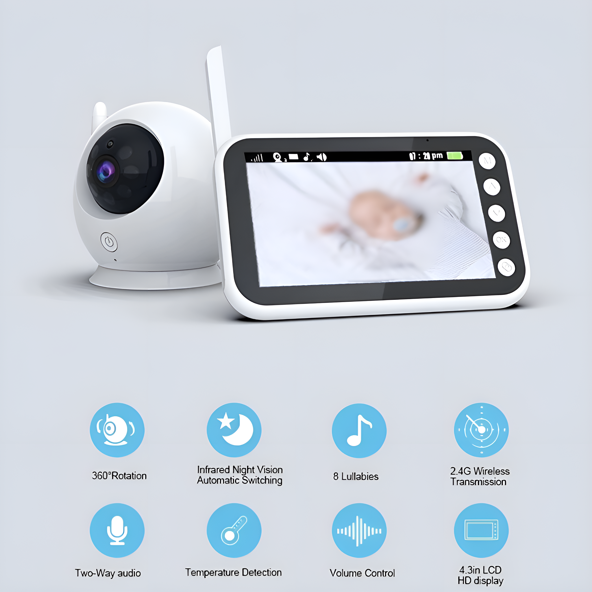 Weißes Babyphone-Set mit Kamera und Bildschirm, das Funktionen und Oberfläche zeigt.