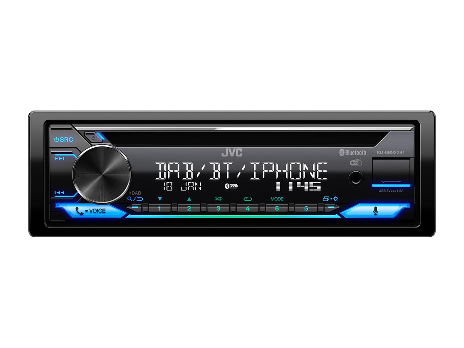 JVC-Autoradio mit Digitalanzeige, die Uhrzeit und Radioinfo zeigt.
