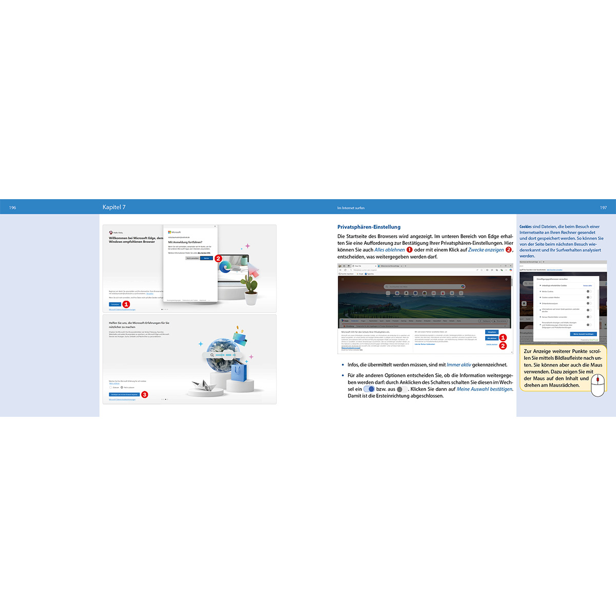 Doppelseite aus einem Buch mit Screenshots und Text. Der Fokus liegt auf Datenschutzeinstellungen.