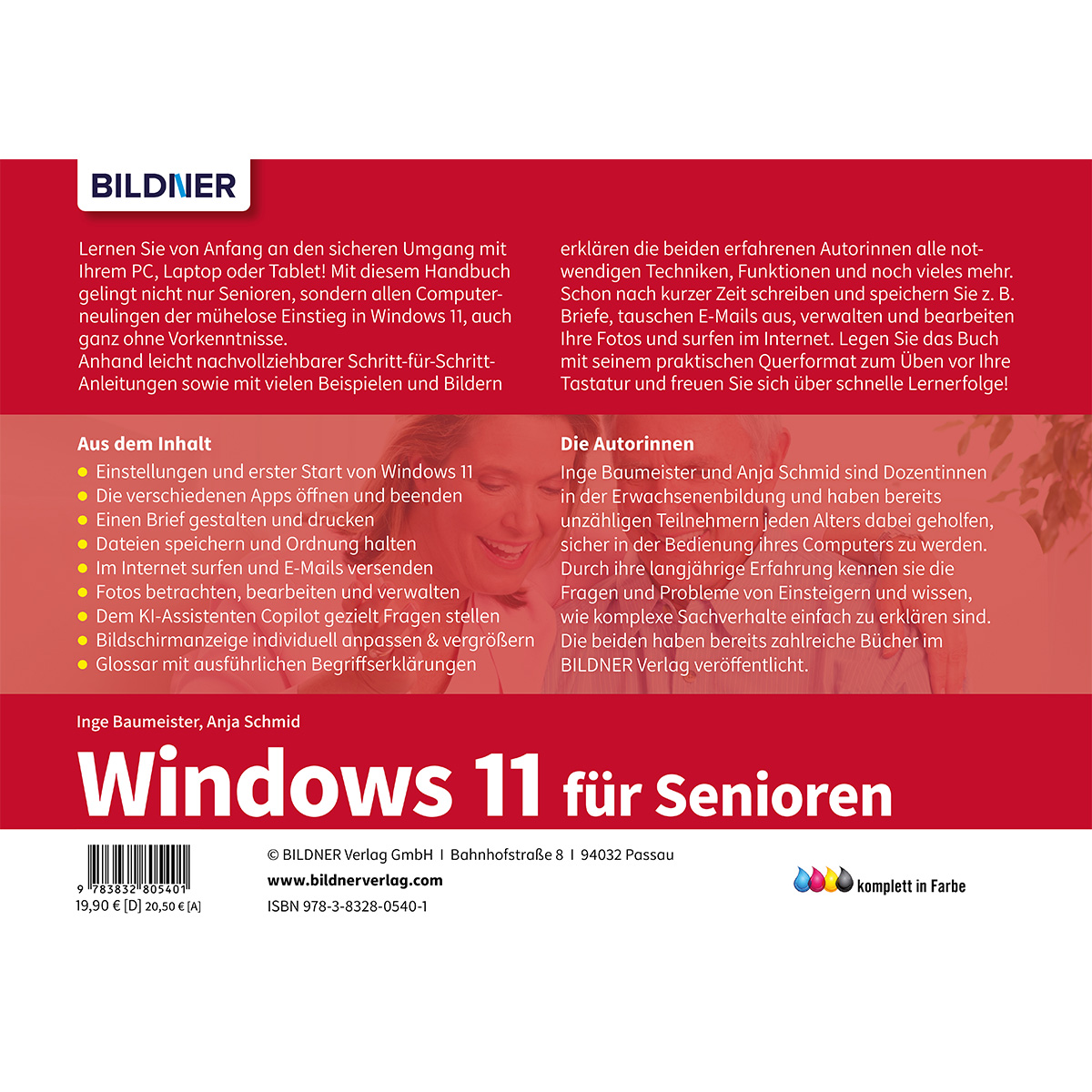 Buchcover: Windows 11 für Senioren auf Deutsch. Zeigt Inhaltsübersicht, Autoren und Verlagsinformationen.