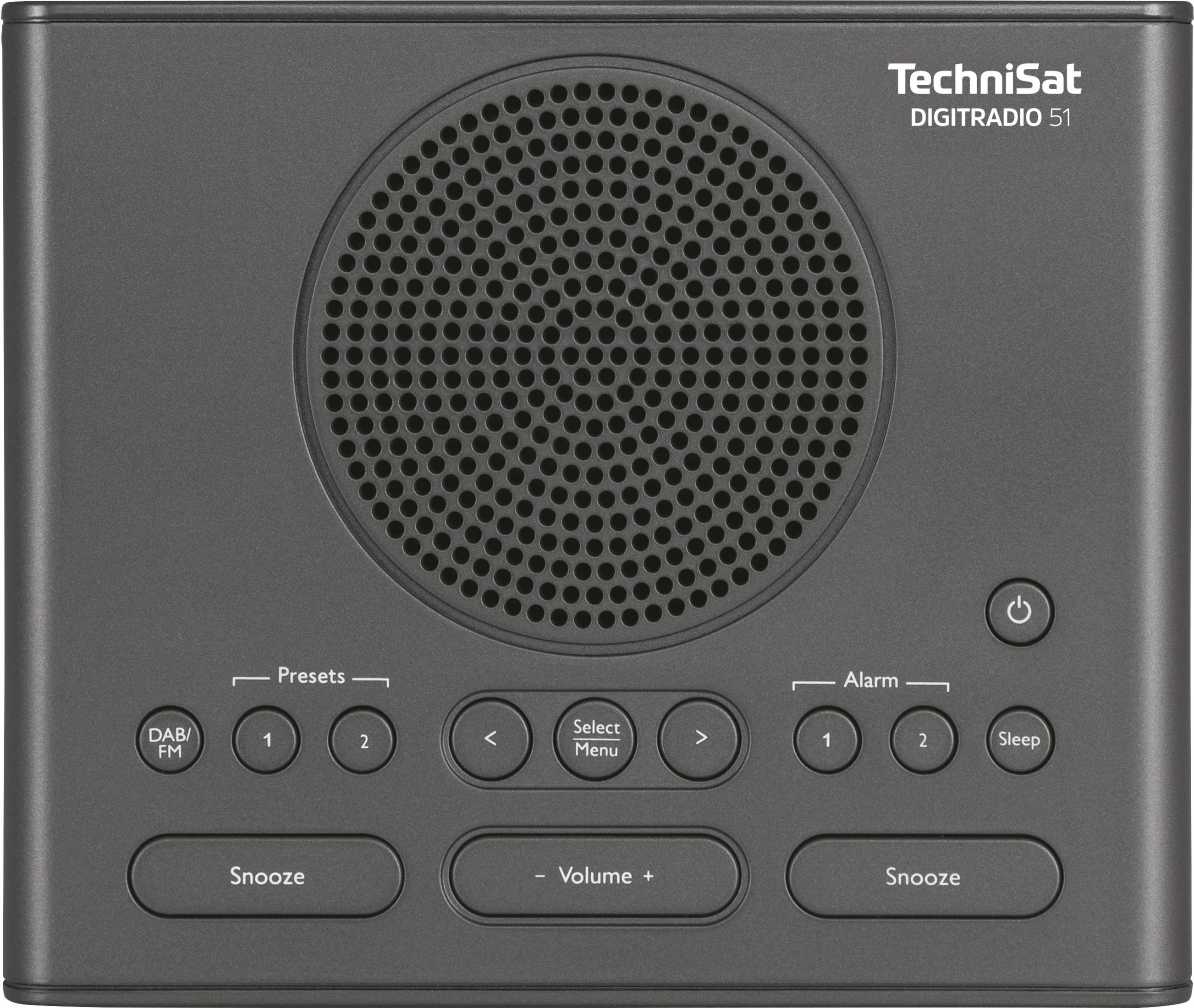 Radio gris foncé. Il possède des boutons pour les préréglages, l'alarme et le sommeil. Marque TechniSat.