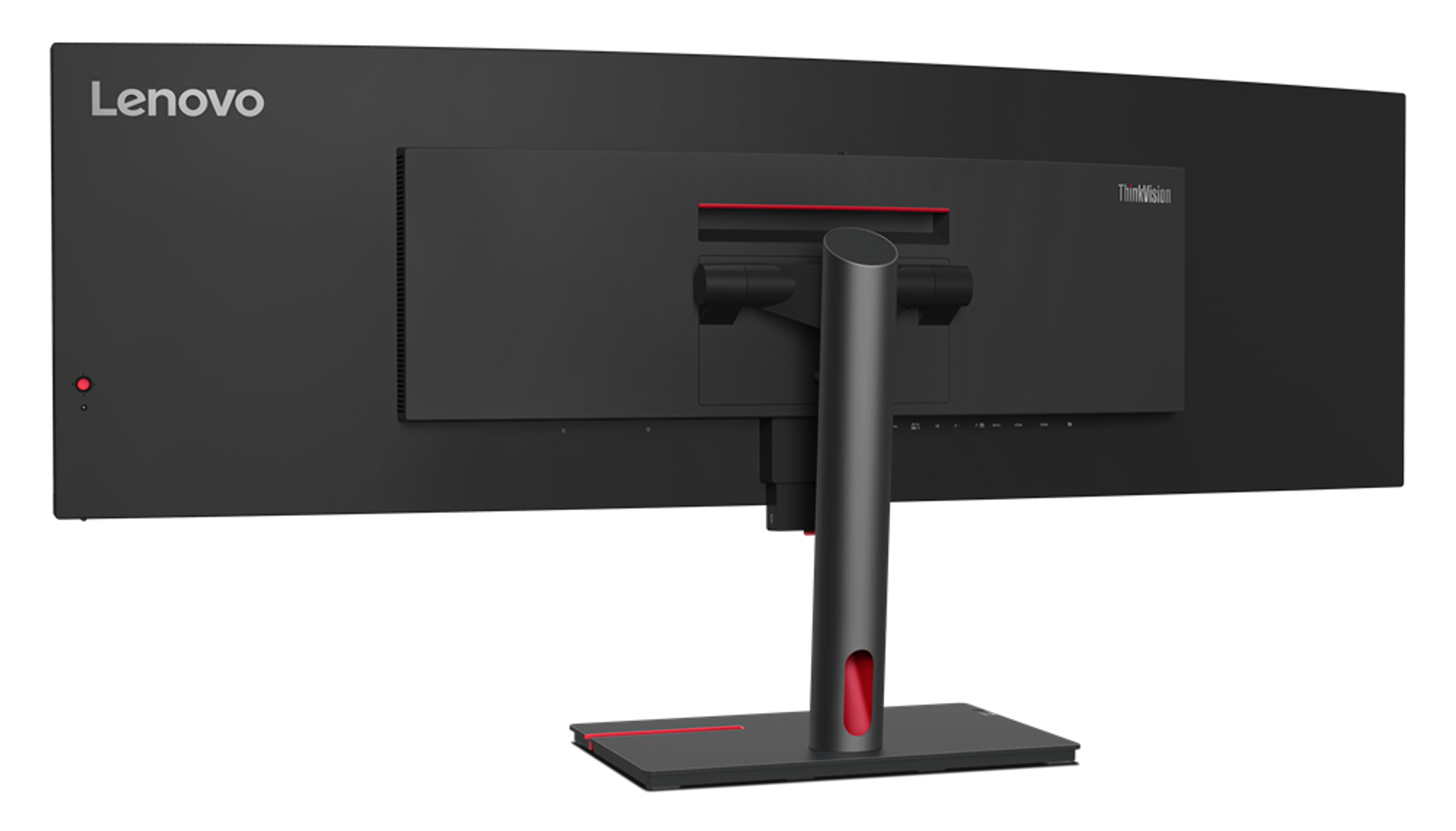 Widok z tyłu czarnego monitora Lenovo ThinkVision na białym tle, z czerwonymi akcentami.