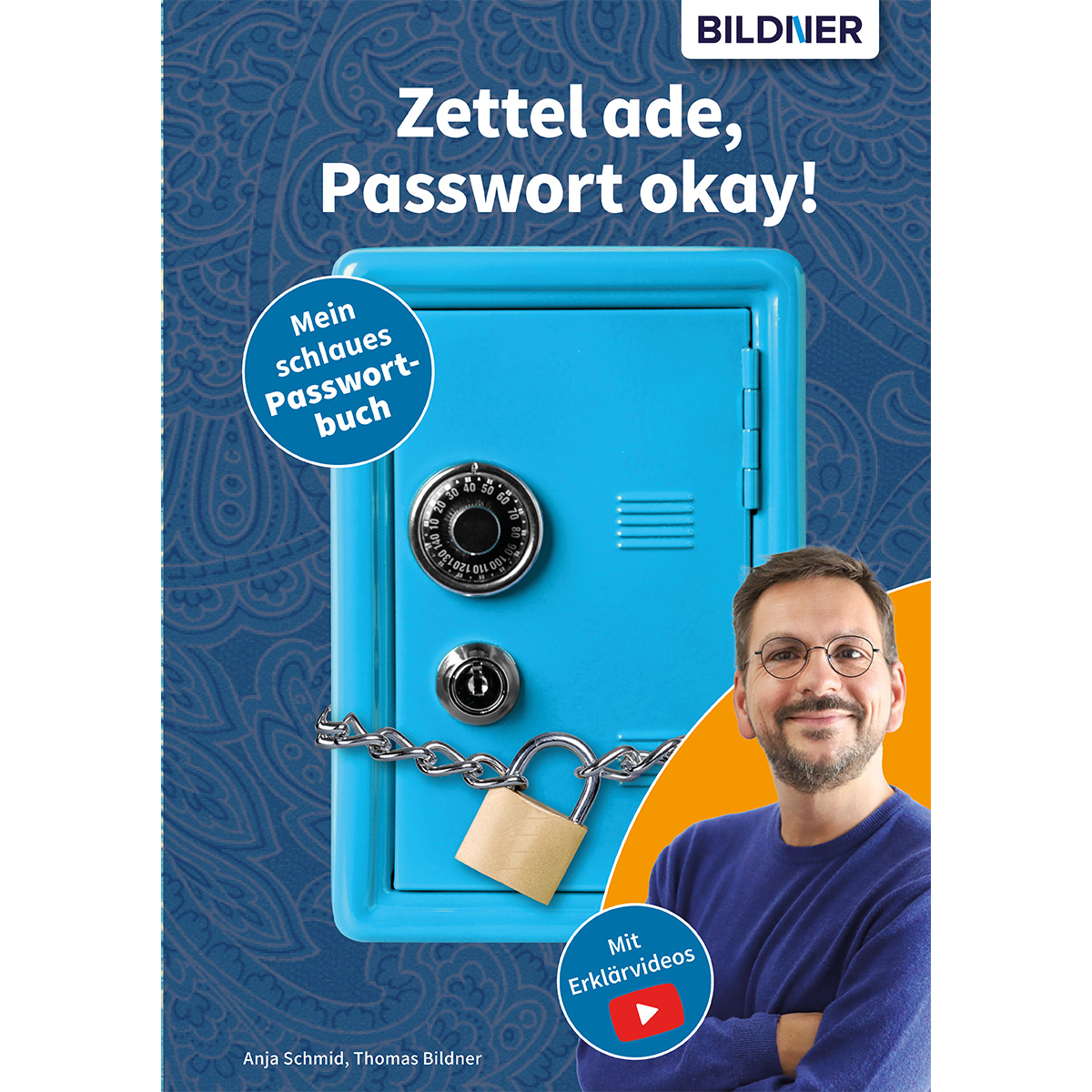 Blauer Safe mit Schloss, Buch und lächelndem Mann. Der Hintergrund ist gemustert.