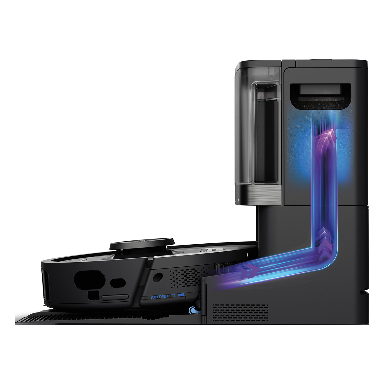 Czarny odkurzacz i stacja ładująca. Animacja niebieskiego przepływu powietrza. Białe tło.