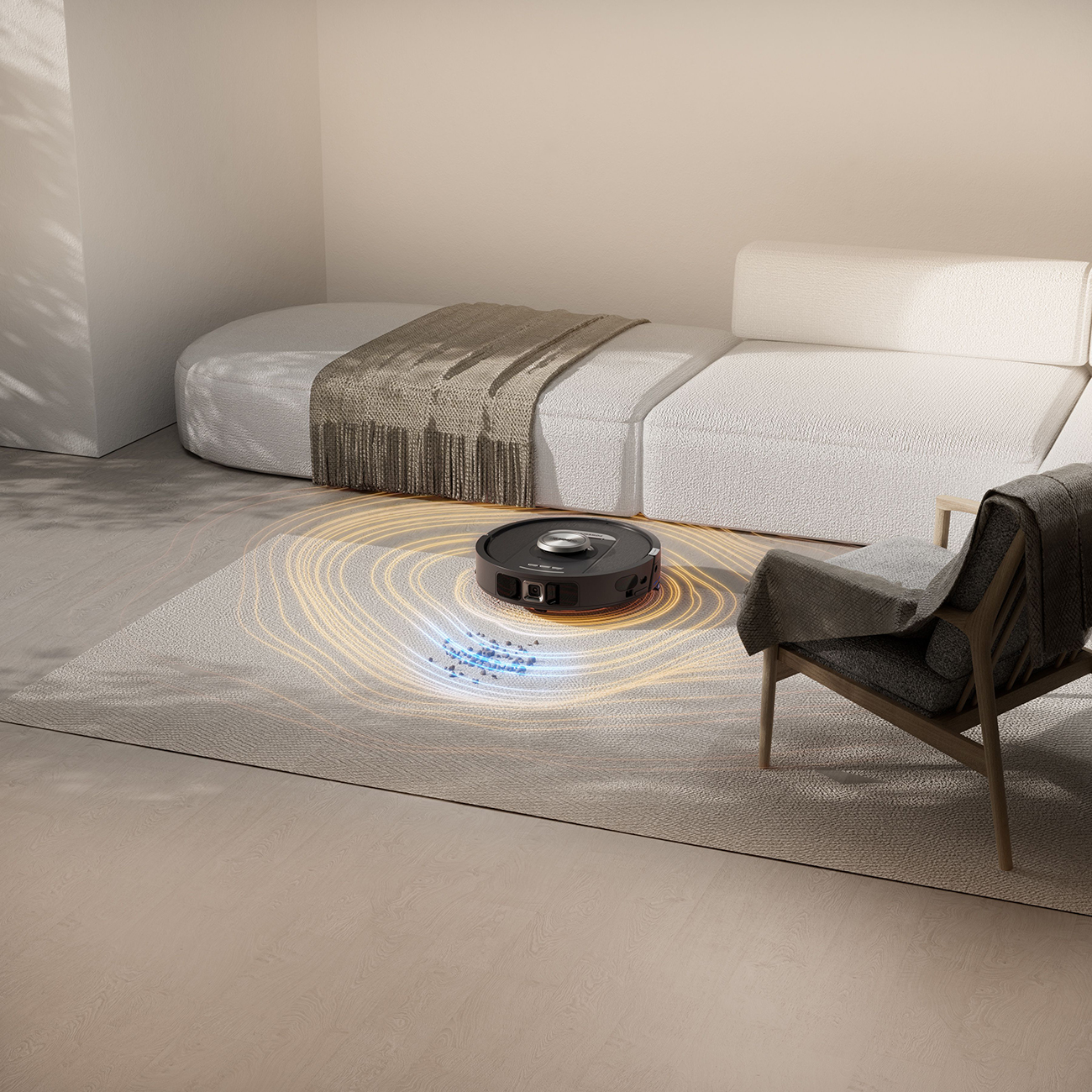 Robot odkurzający na dywanie. Odkurzacz czyści okrągły obszar.