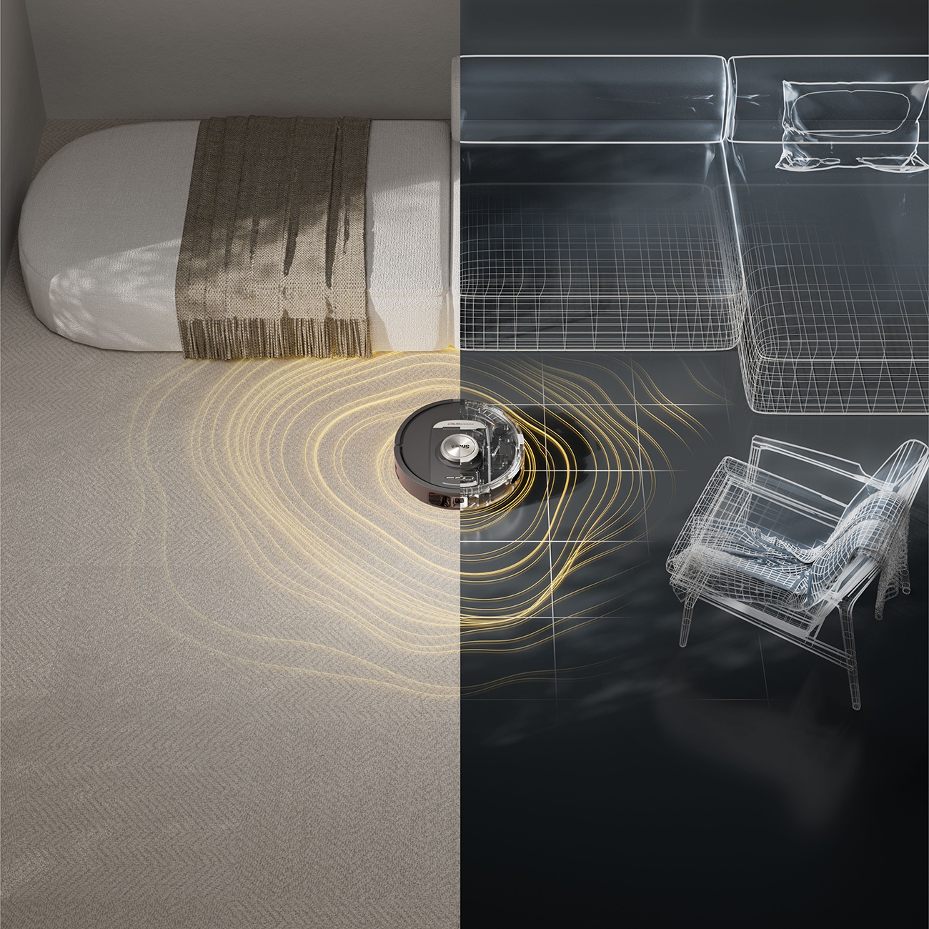 Robot sprzątający na podłodze z podzielonym obrazem pokazującym jego ścieżkę czyszczenia.