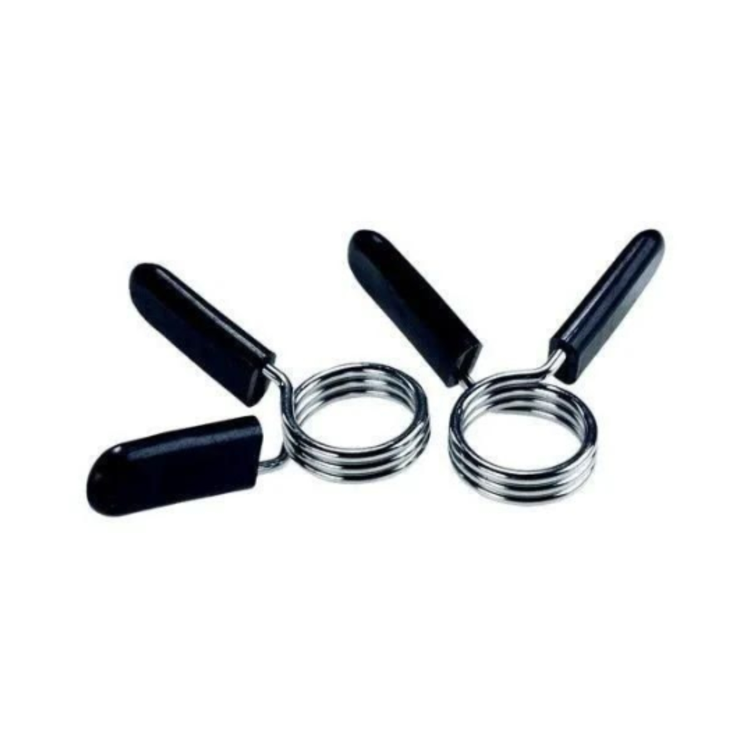 Pair of black weightlifting collars. A silver spring is in between.
