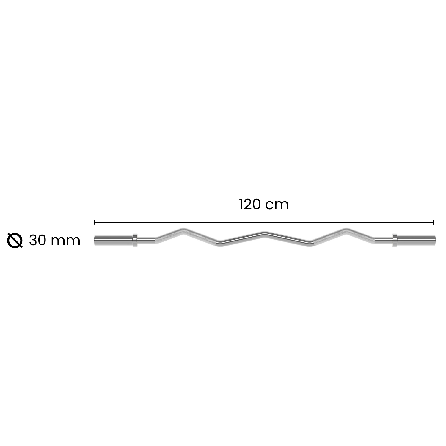 A silver EZ-curl barbell, 120cm long, with a diameter of 30mm. It's on a white background.