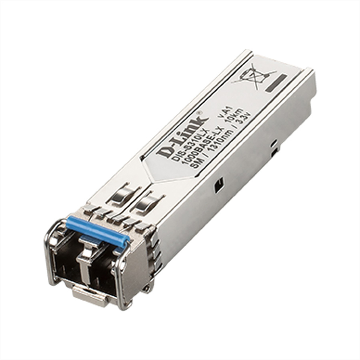 Adaptateur réseau D-Link avec un port bleu et une étiquette avec du texte. C'est un petit appareil métallique.
