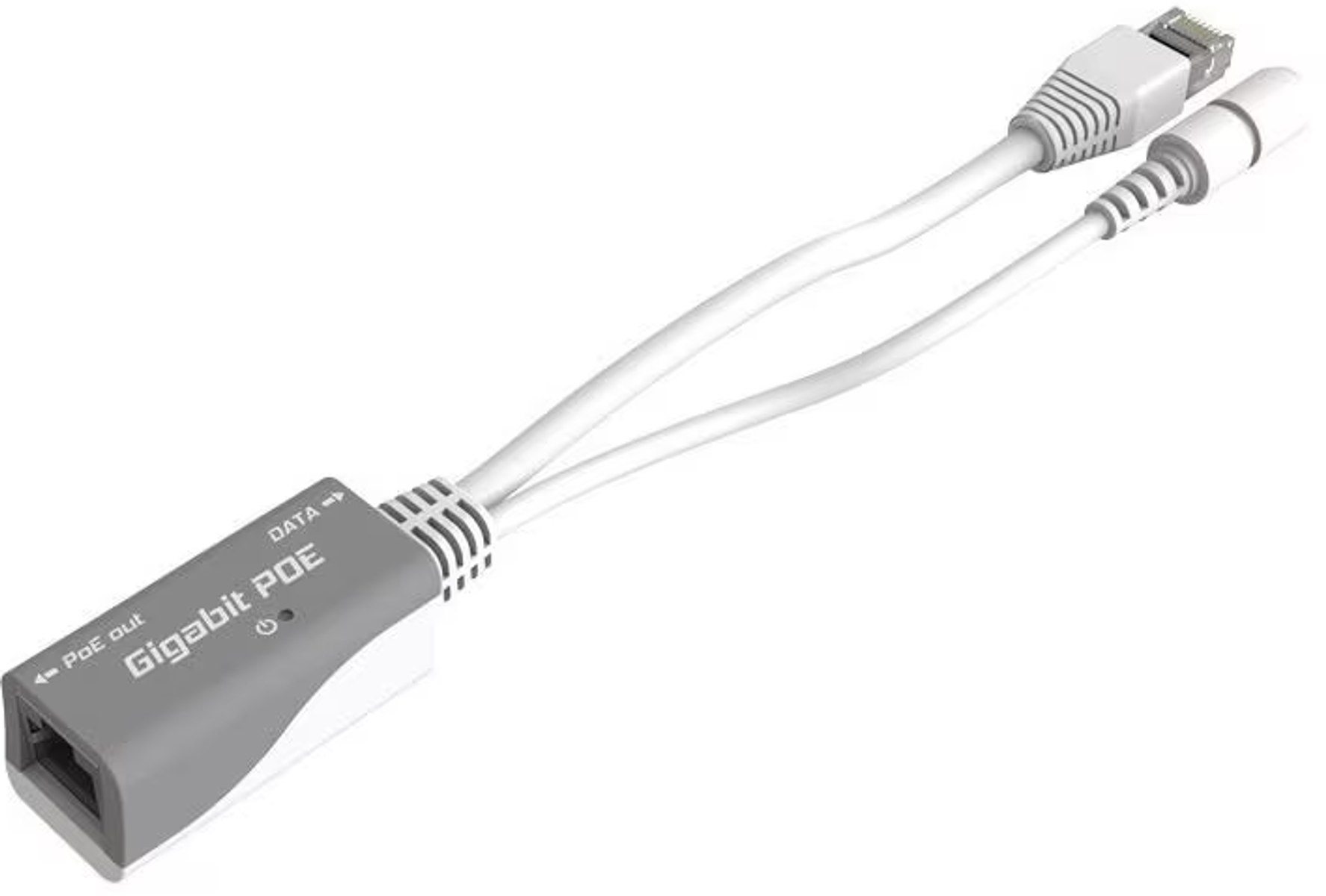 Szary adapter Gigabit PoE z dwoma białymi kablami i złączami.