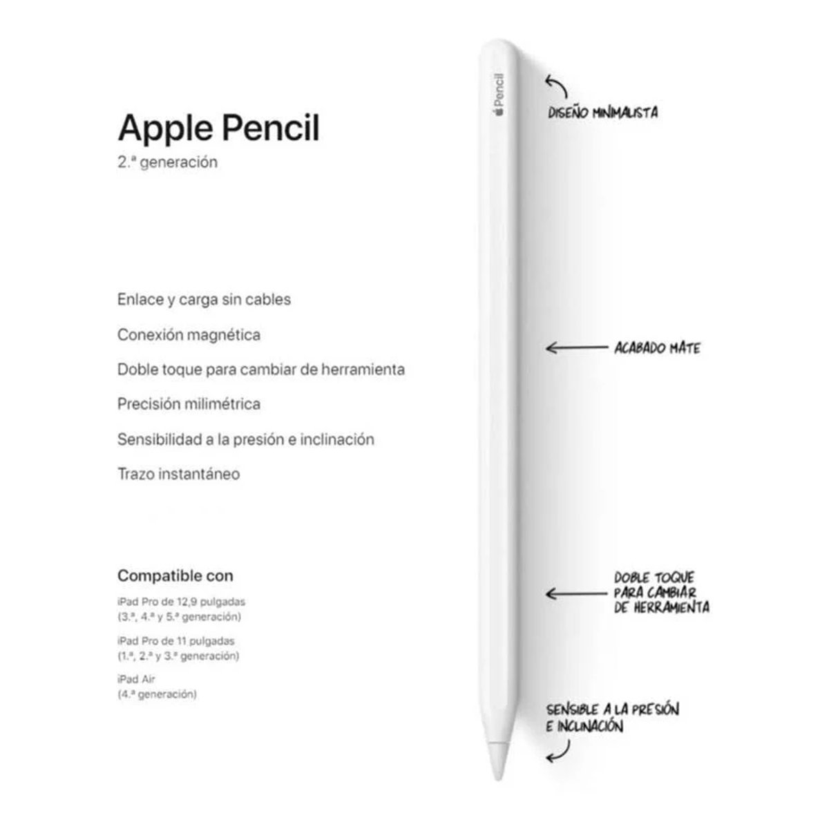 Biały Apple Pencil, z hiszpańskim tekstem opisującym funkcje, takie jak ładowanie magnetyczne.