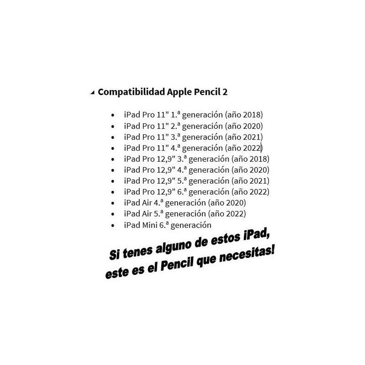 Lista modeli iPada kompatybilnych z Apple Pencil 2. Lista jest w języku hiszpańskim.