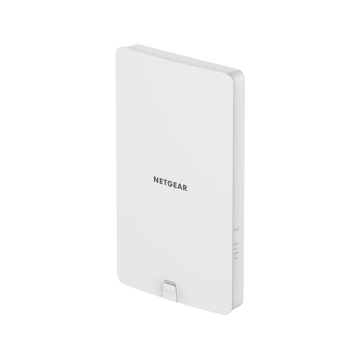 Un dispositivo Netgear rettangolare bianco. Ha il logo Netgear e alcune spie.