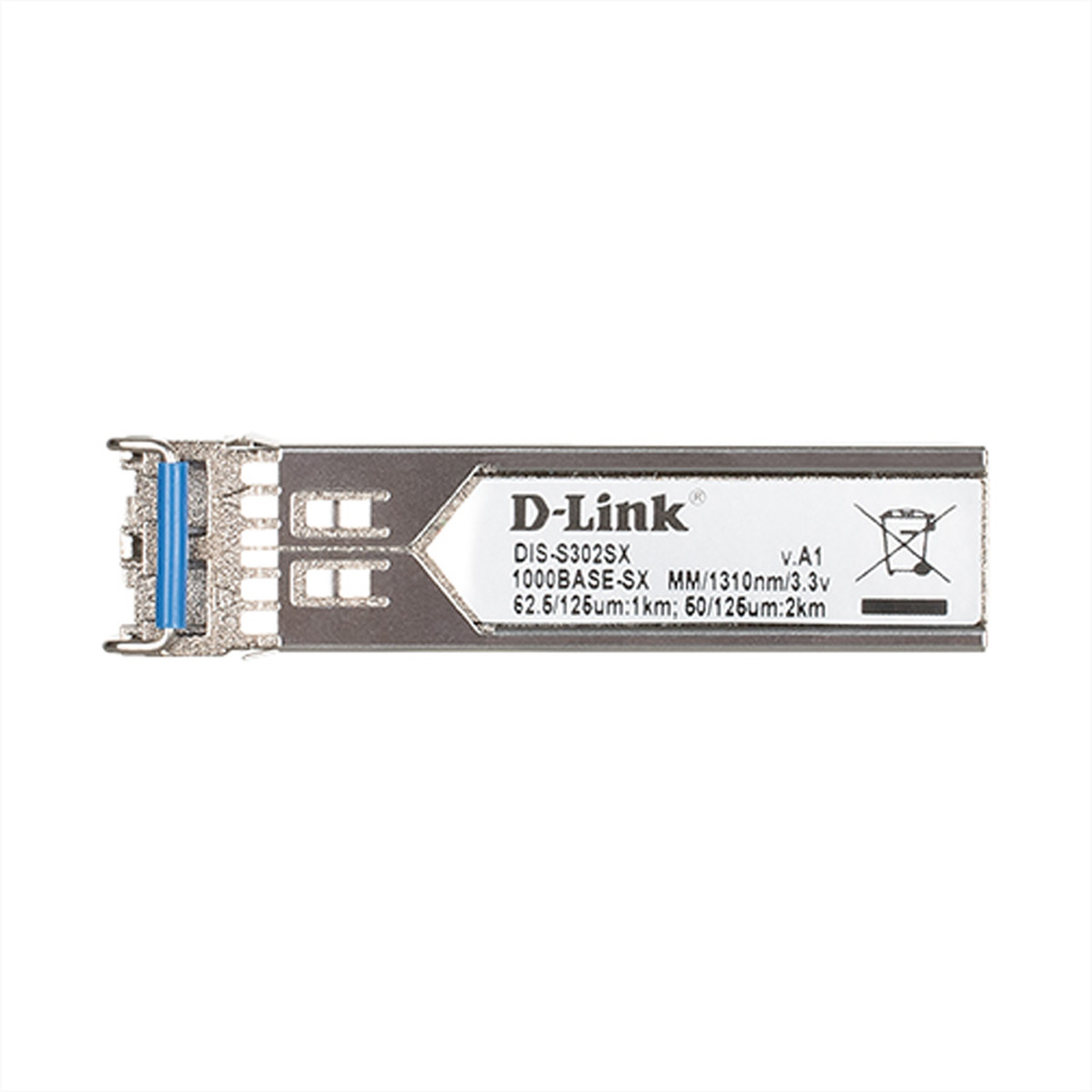 Module D-Link SFP. Métal argenté avec texte noir et port bleu.