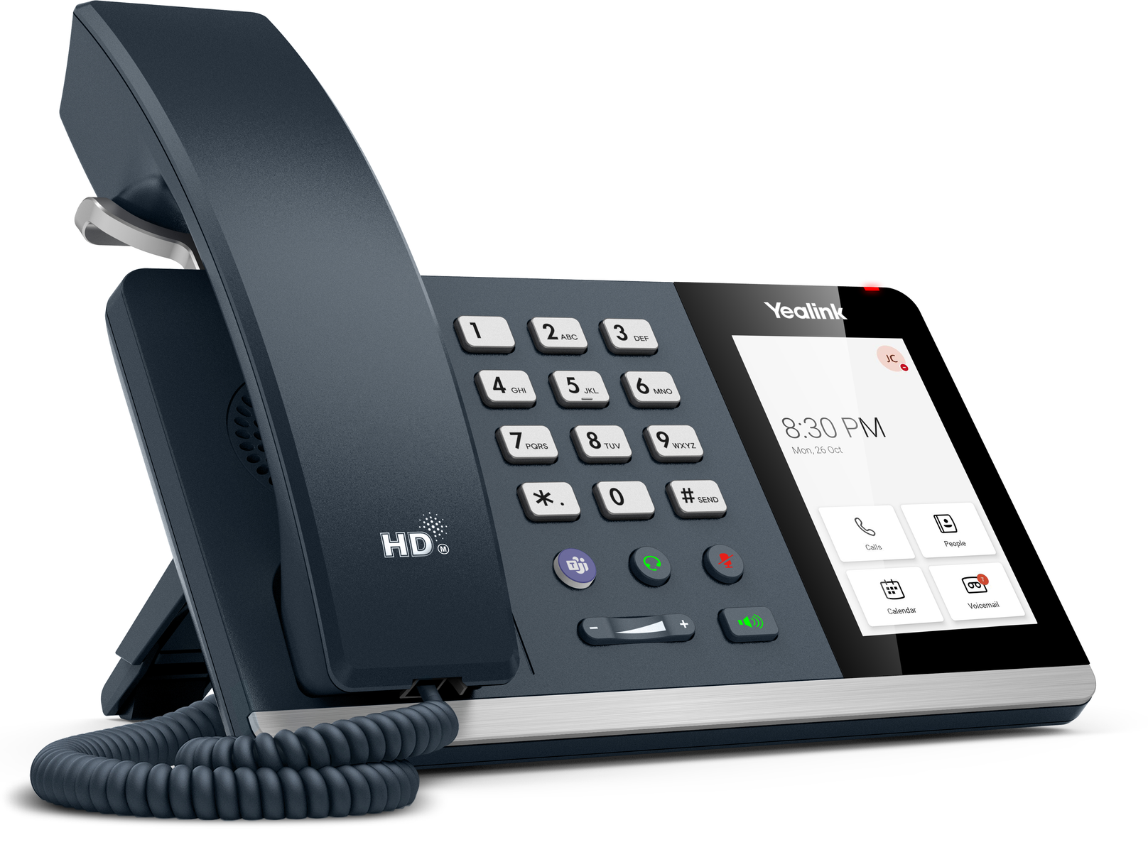 Ein dunkelgraues Bürotelefon mit Bildschirm und Tasten. Das Display zeigt die Uhrzeit.