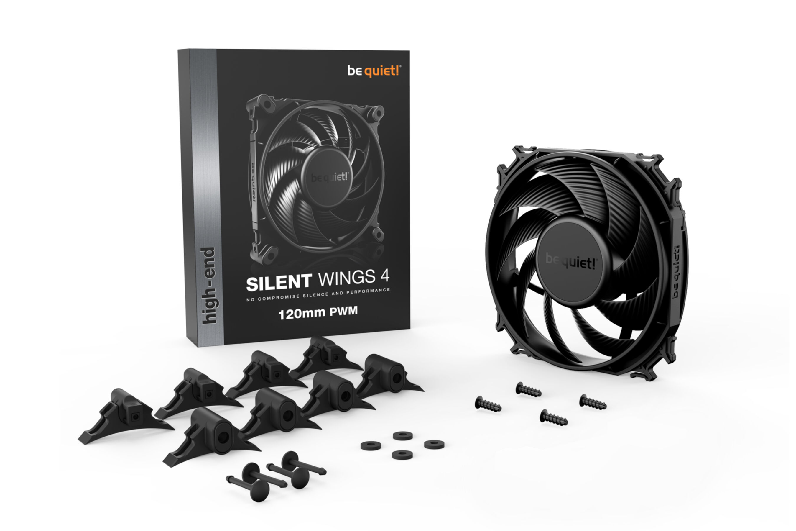 A fan, fan parts, and a box that says Silent Wings 4.
