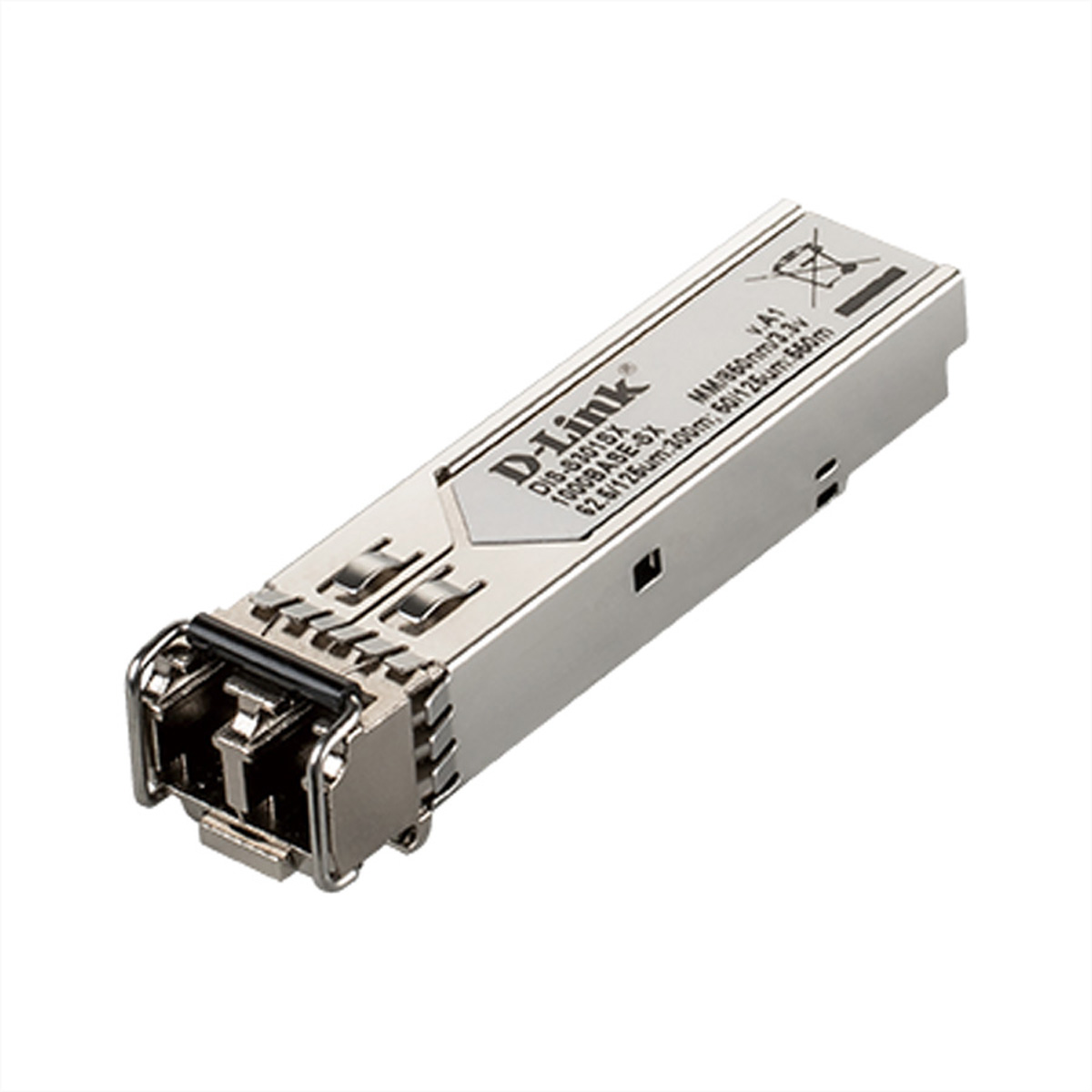 Module SFP D-Link, argenté, avec texte et connecteurs, sur fond blanc.