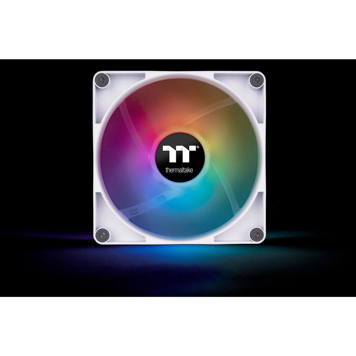 Computerlüfter mit mehrfarbiger LED-Beleuchtung. Weißer Rahmen mit 'thermaltake' Logo.