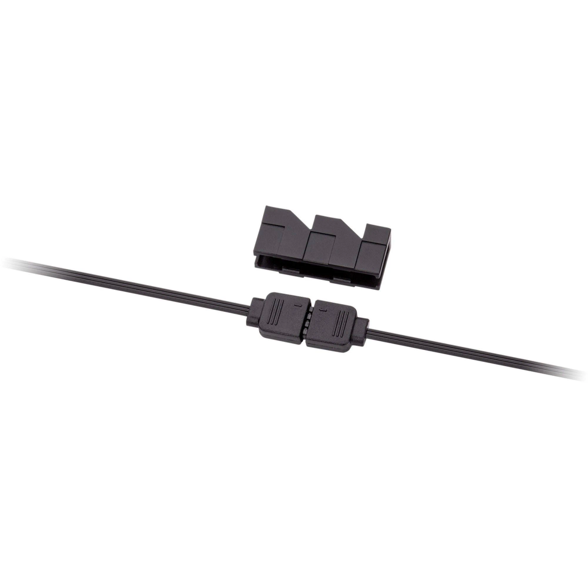 Zwei schwarze Stecker, die ein schwarzes Kabel verbinden.