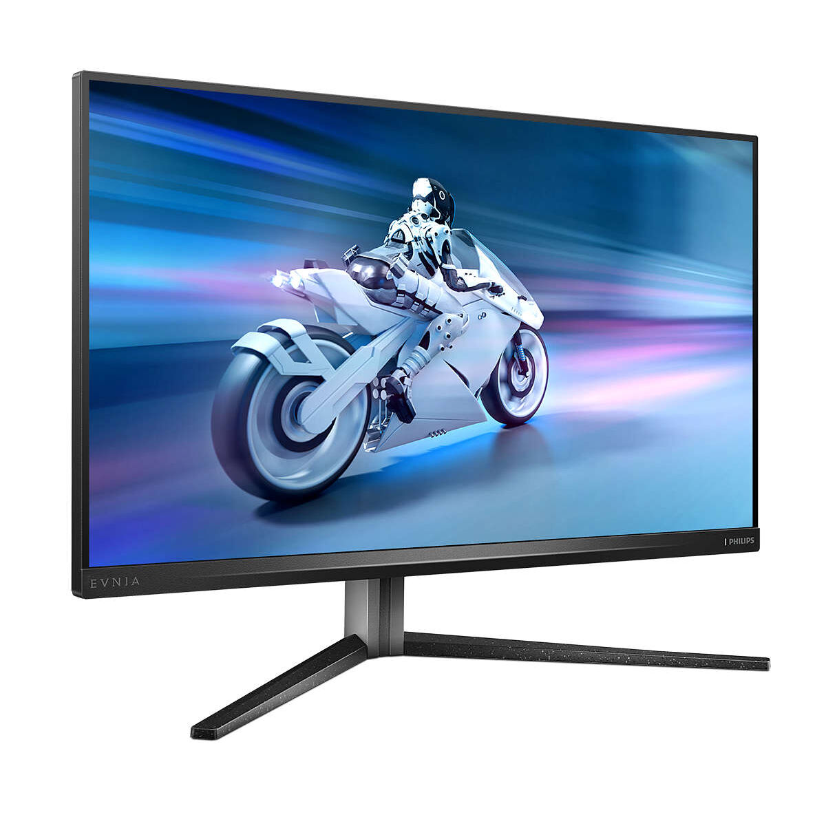 Un monitor del computer che mostra una scena di moto futuristica con un pilota.