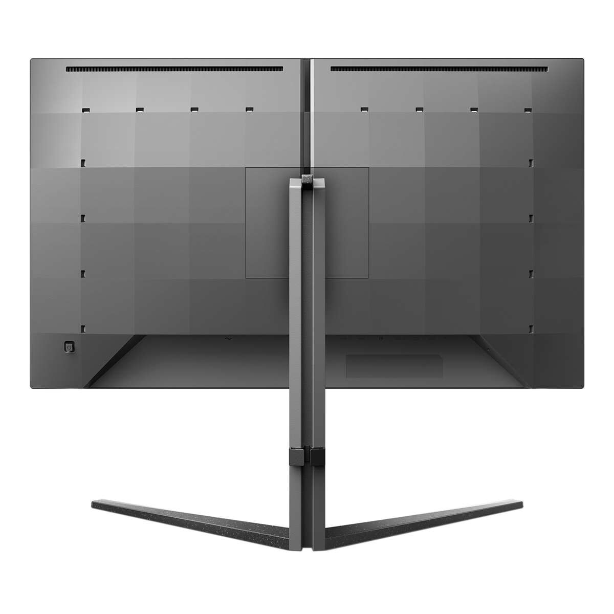 Monitor doppi per computer con supporto nero. Vista posteriore dello schermo.
