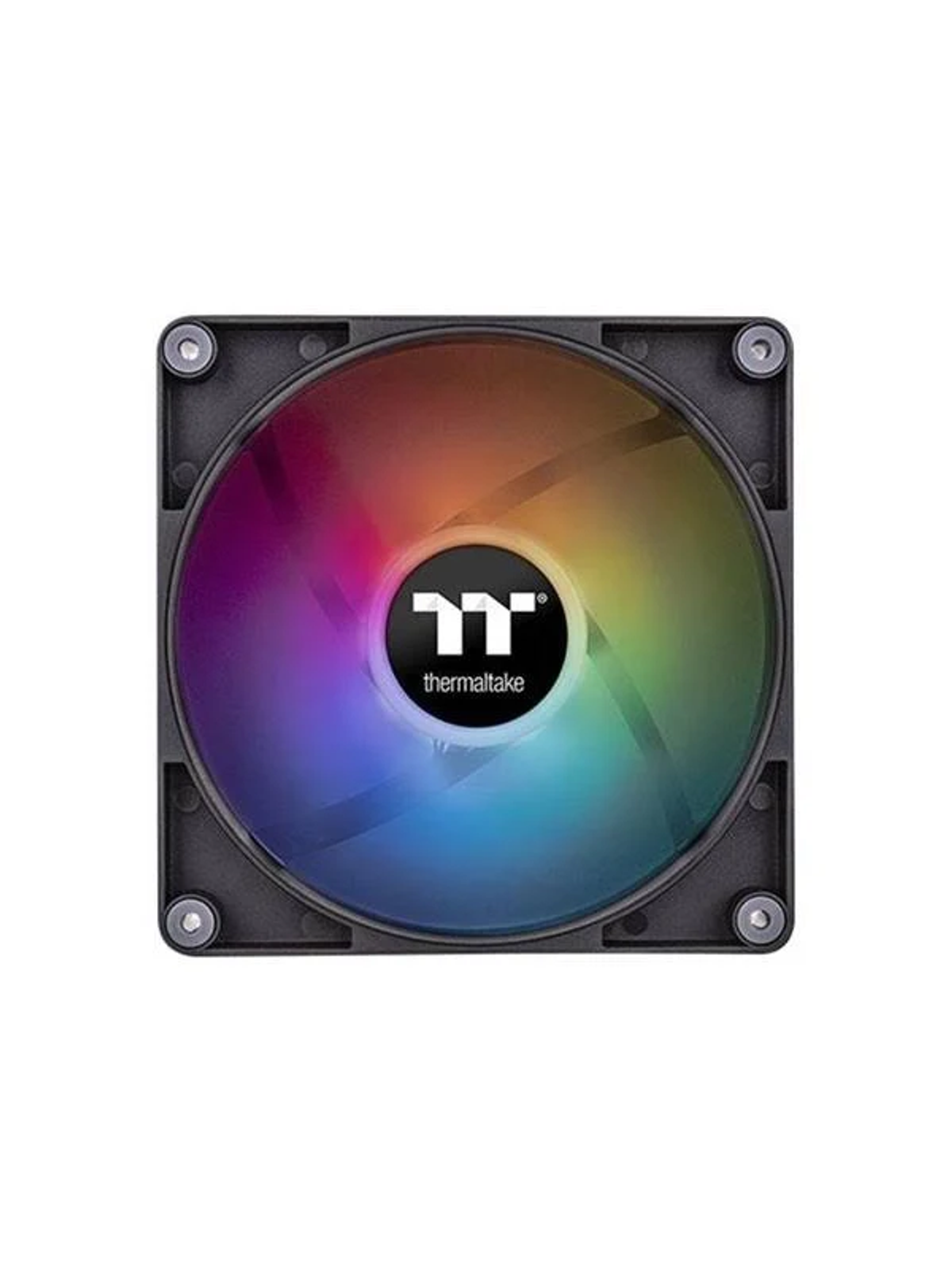 Ein Computerlüfter mit schwarzem Rahmen und einem farbenfrohen, regenbogenartigen rotierenden Flügel.
