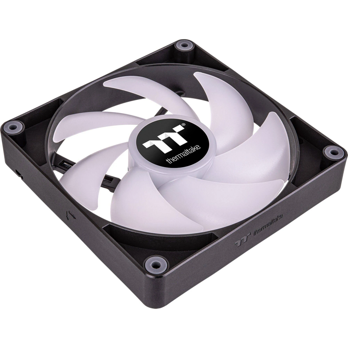 Ein schwarzer Computerlüfter mit weißen Flügeln und dem Thermaltake-Logo in der Mitte.