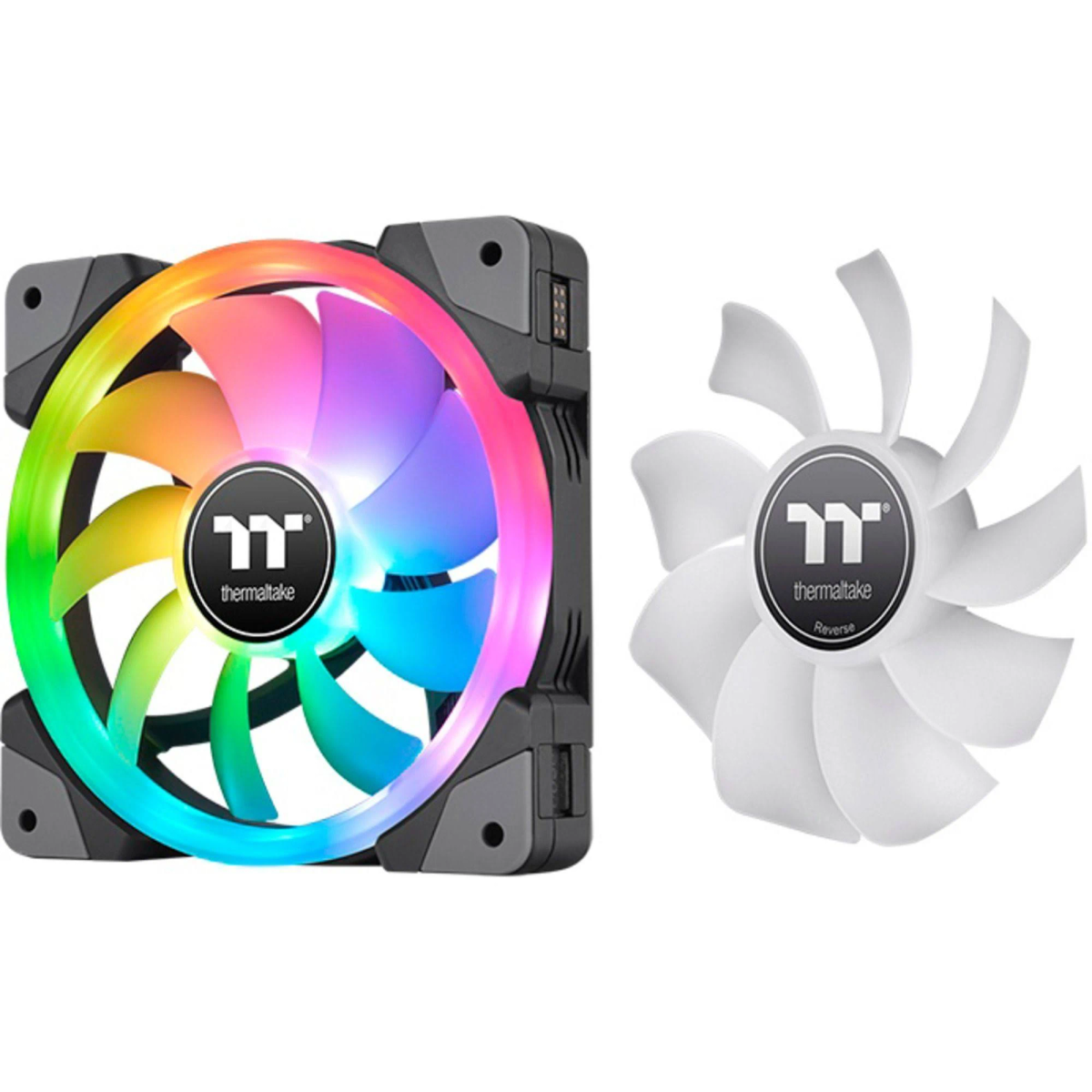 Computerlüfter mit Regenbogen-LED. Der Lüfter ist schwarz mit farbenfrohem Licht.