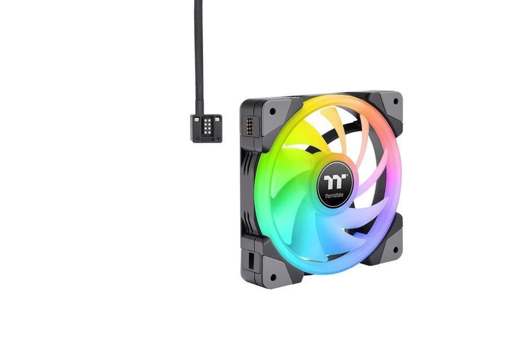 RGB-Computerlüfter mit farbigen Lichtern und einem Anschlusskabel.