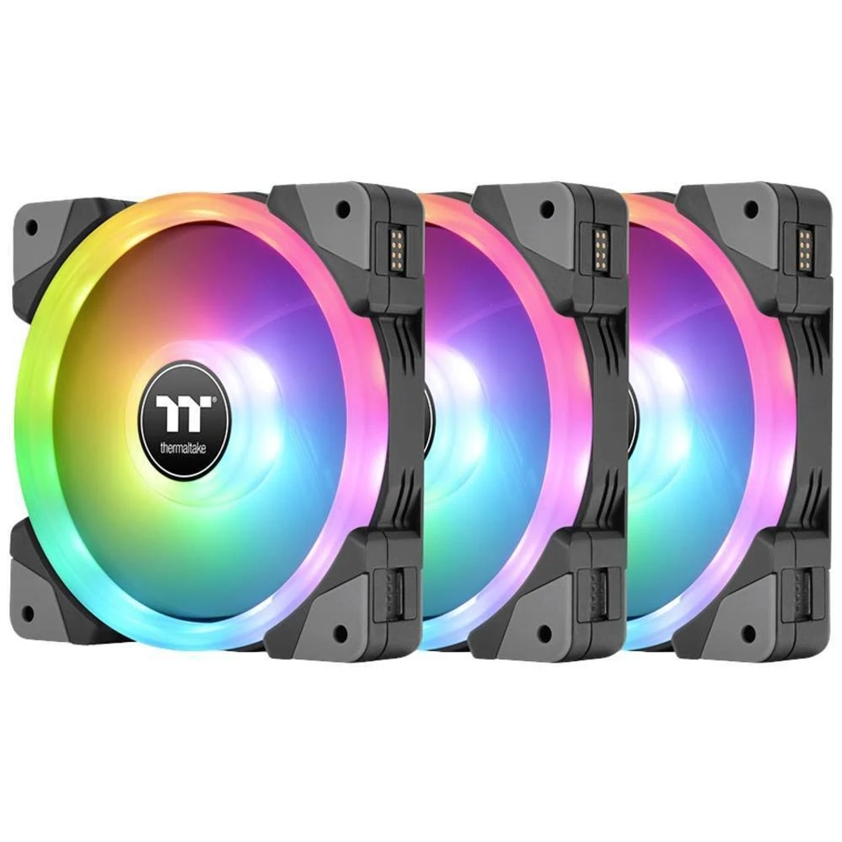 Drei RGB-Computerlüfter mit bunten Lichtern und schwarzen Rahmen, bereit zur Installation.
