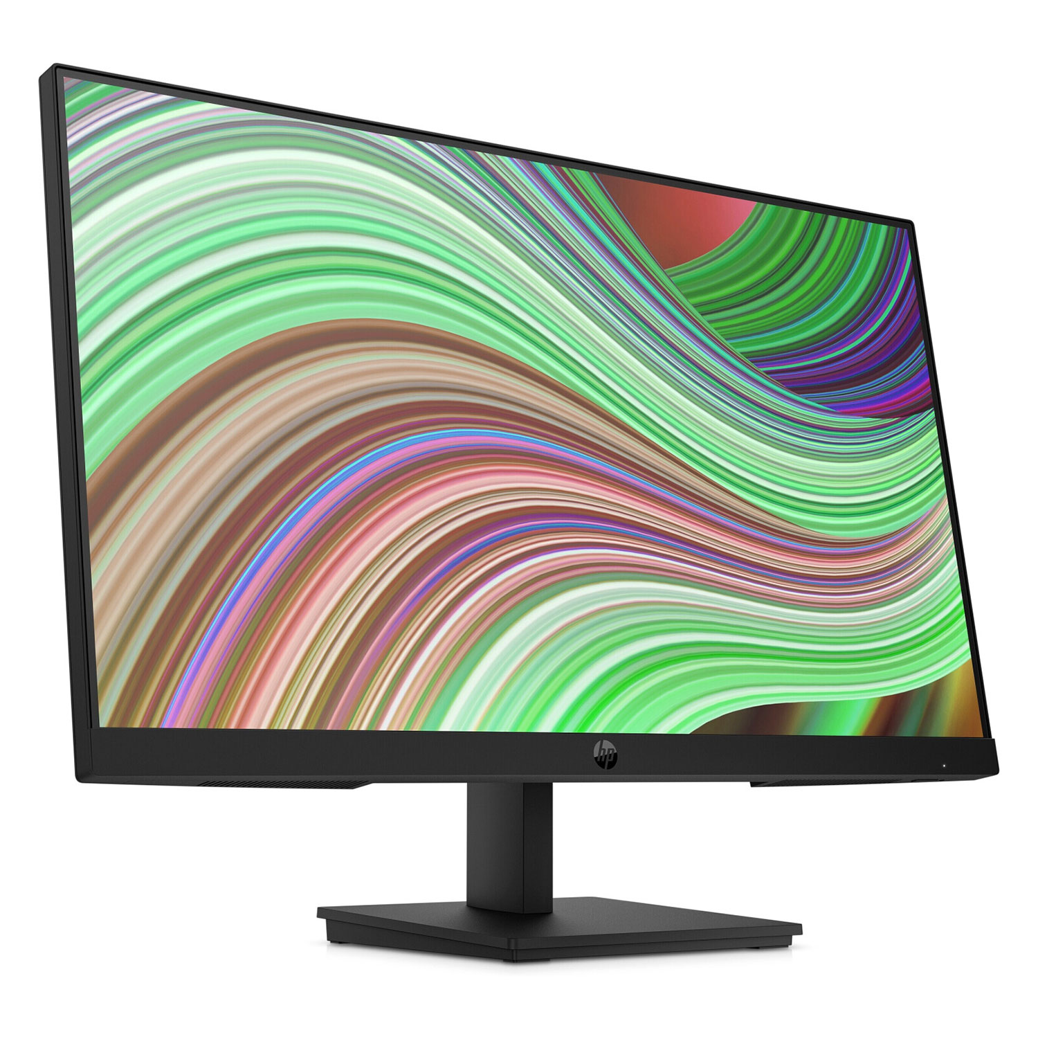 Schwarzer HP-Monitor mit grün-rotem Farbverlauf. Ein schwarzer Ständer unterstützt den Bildschirm.