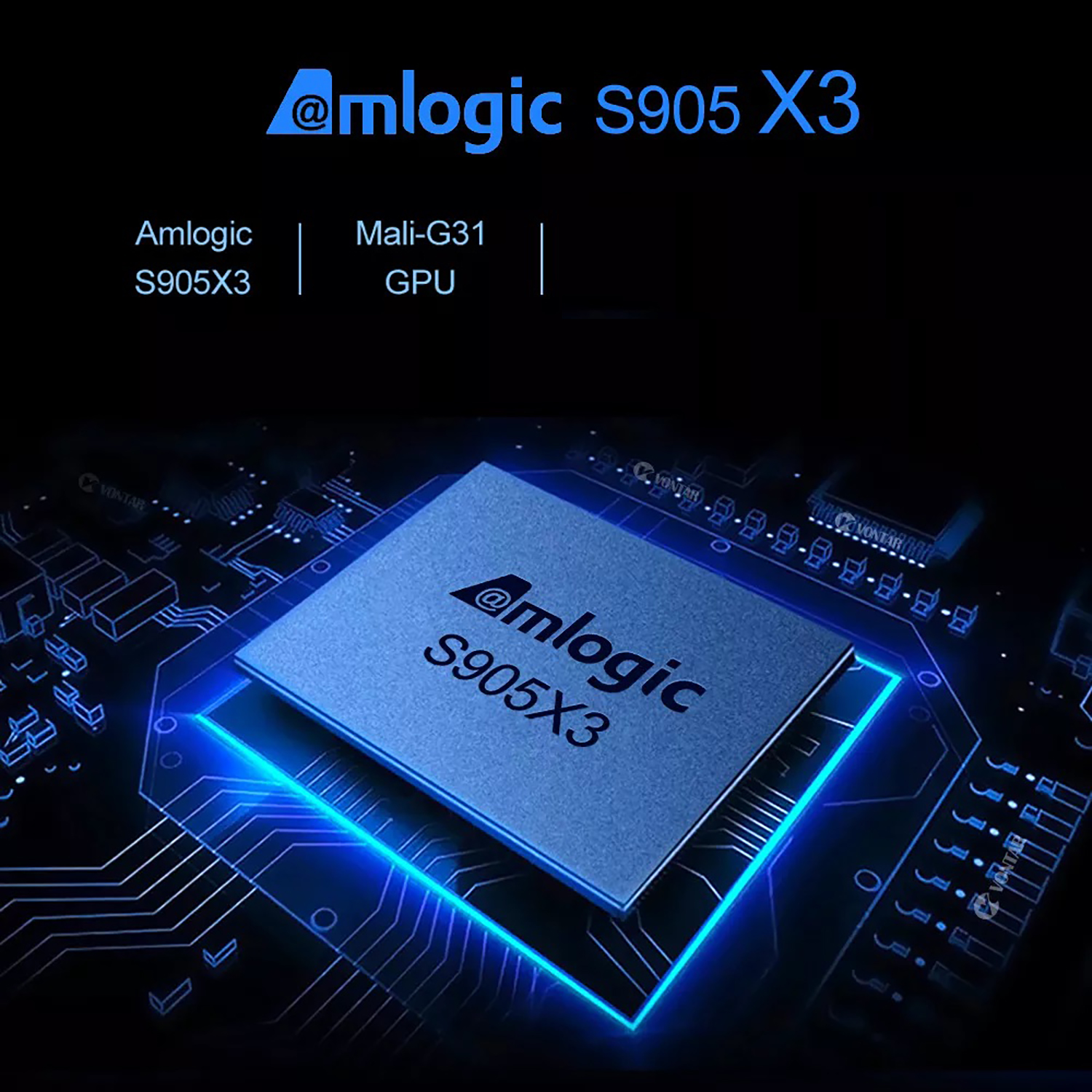 Blaue Hauptplatine mit zentralem Chip mit der Bezeichnung Amlogic S905 X3. Text um den Chip.