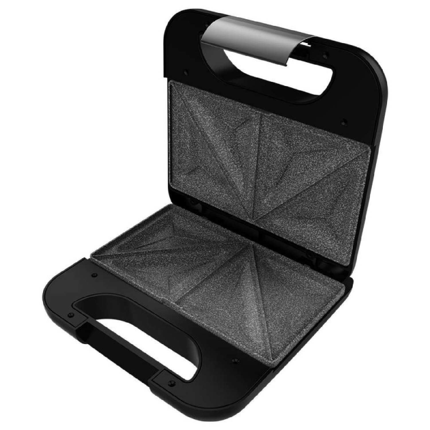Una sandwichera nera è aperta, con due stampi triangolari visibili all'interno.