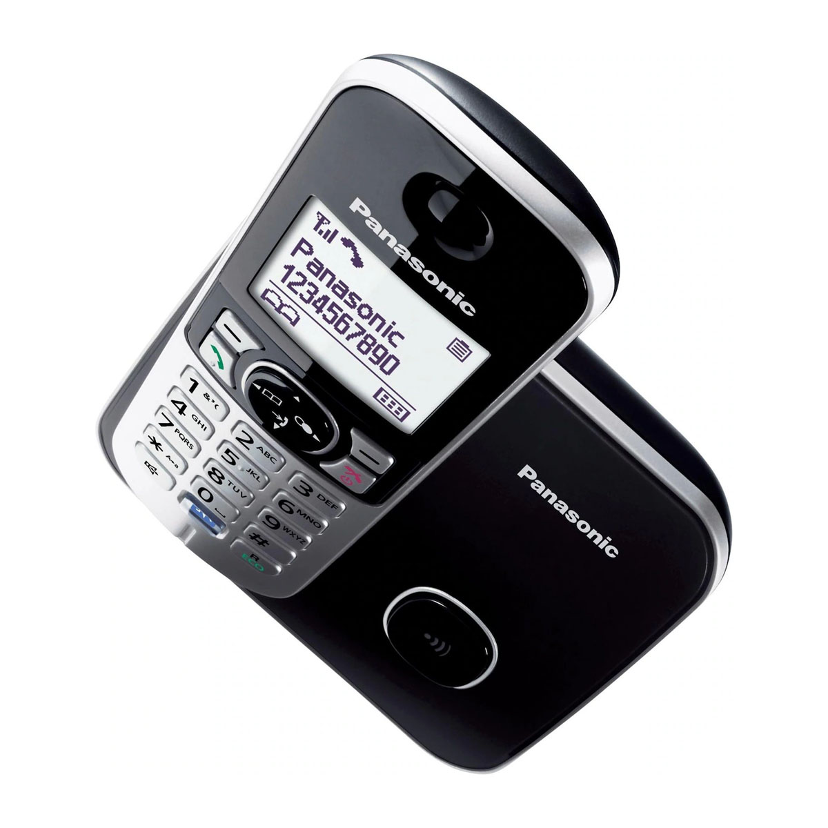 Schwarzes und silbernes Panasonic Schnurlostelefon auf Weiß. Der Bildschirm zeigt eine Telefonnummer.