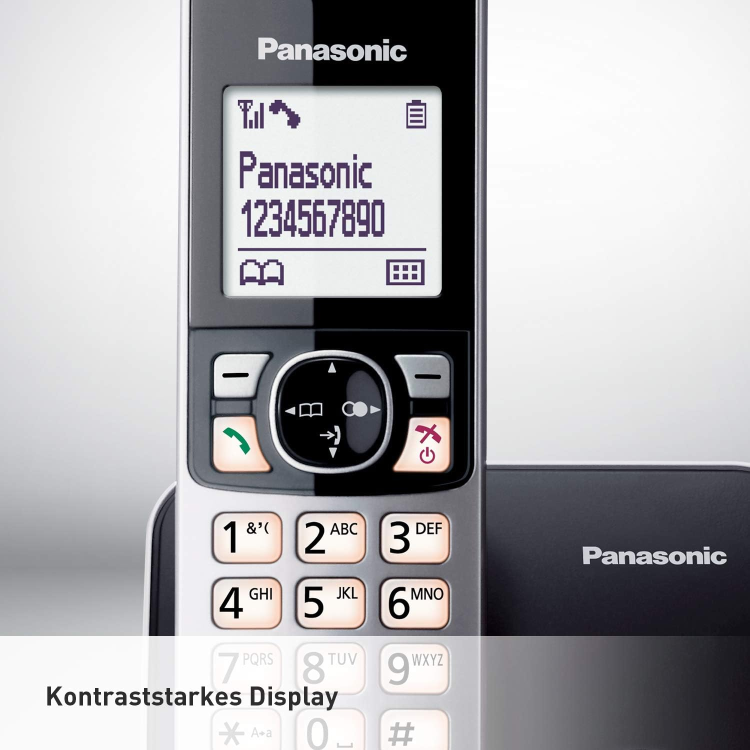Ein Panasonic-Schnurlostelefon mit Bildschirm, der eine Telefonnummer anzeigt. Die Basis ist rechts.