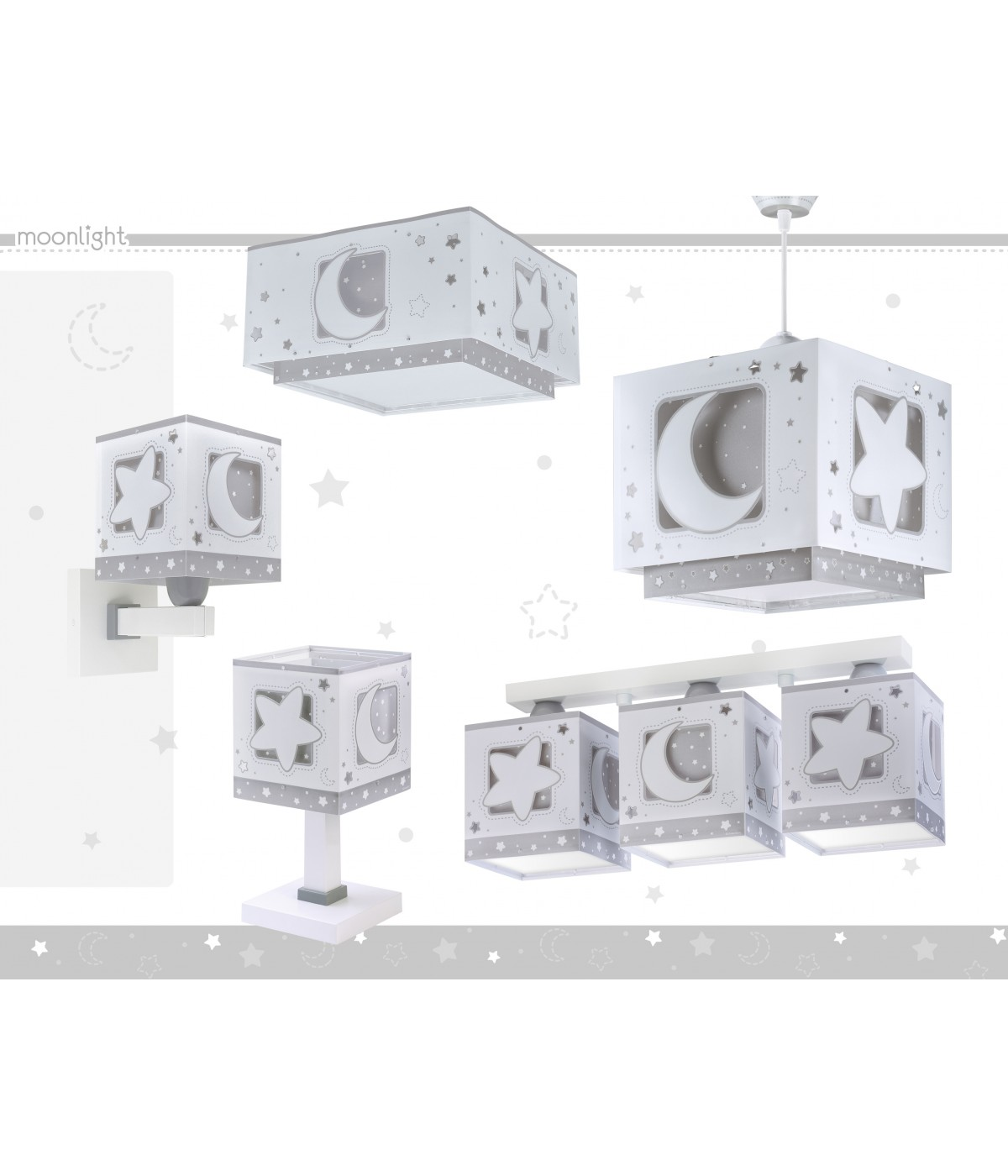 Juego de lámparas blancas con diseño de luna y estrellas. Incluye lámparas de pared y mesa.