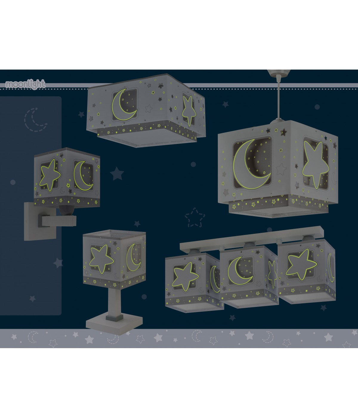 Varias lámparas con formas de luna y estrella. Fondo azul oscuro con detalles de estrellas.