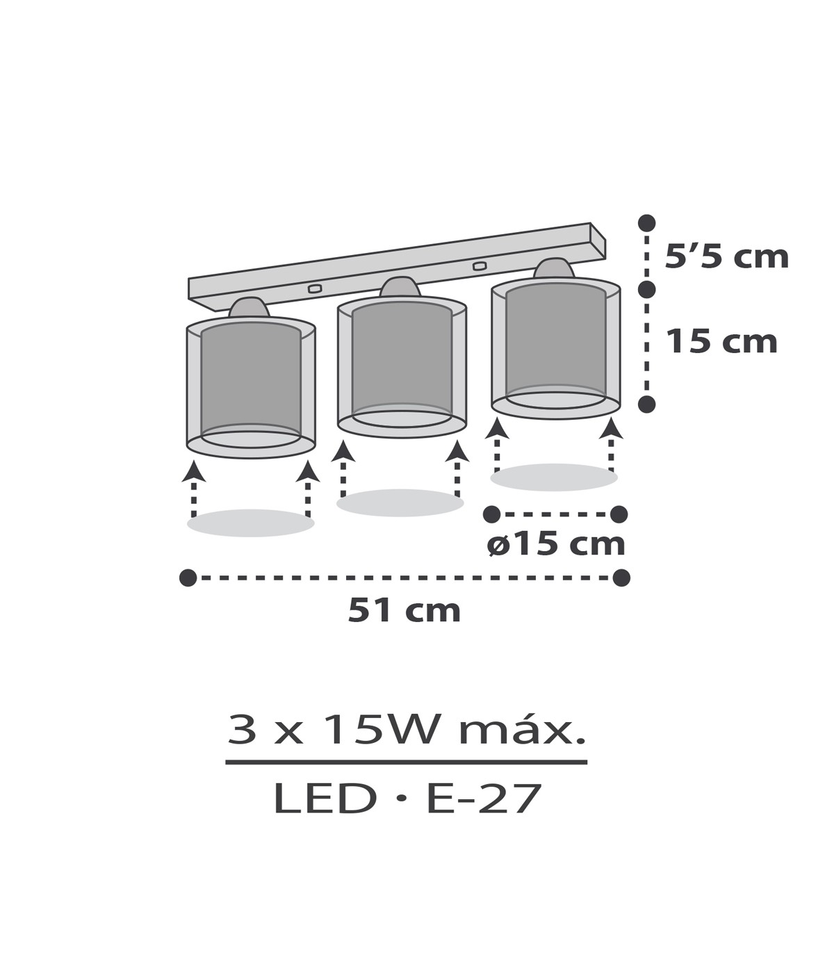 Diagrama de una lámpara de tres luces, con dimensiones y especificaciones.