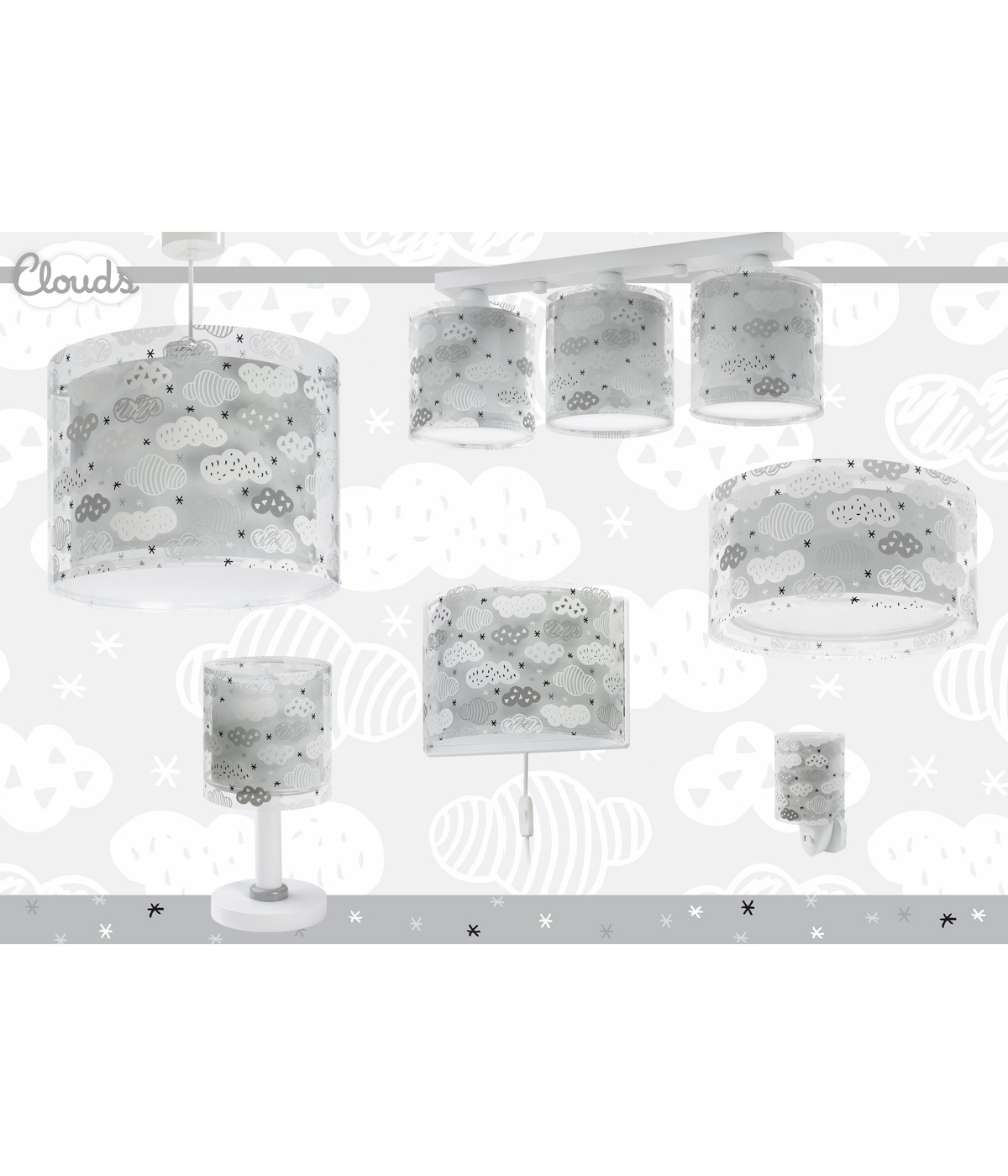 Múltiples lámparas con patrones de nubes, diseñadas para habitaciones infantiles, varias formas y tamaños, fondo blanco.