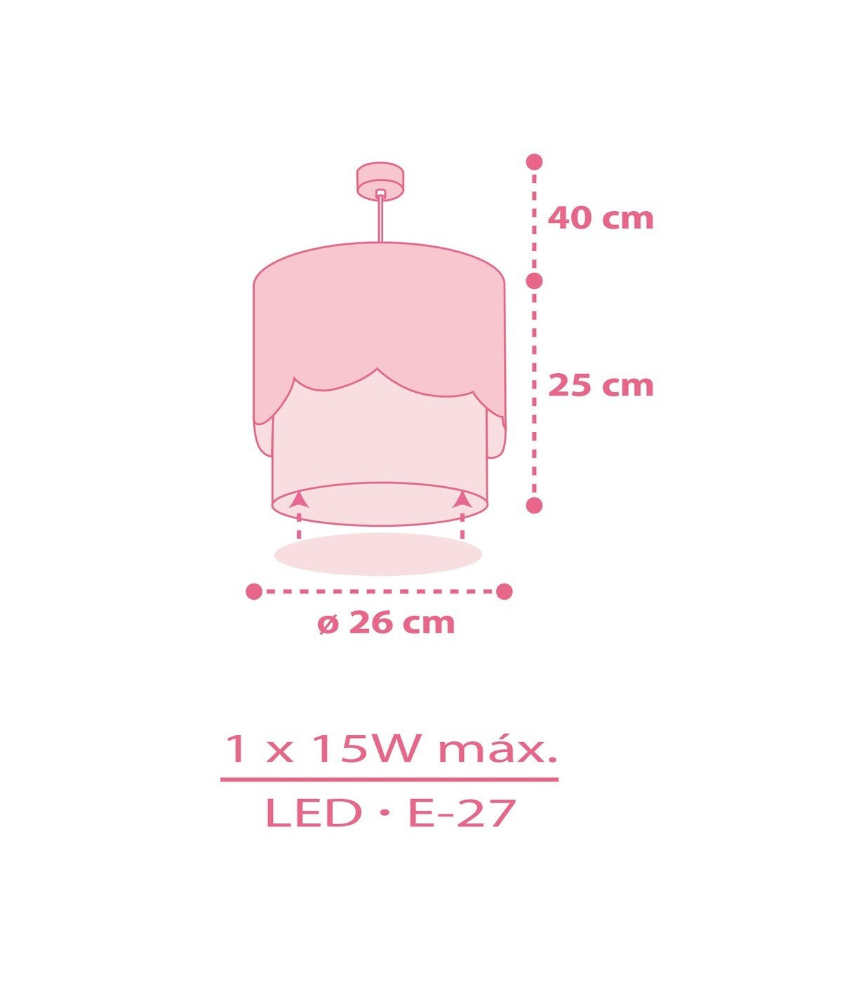 Una lámpara colgante rosa con dimensiones: 40 cm de altura, 25 cm de pantalla y 26 cm de diámetro. Fondo blanco.