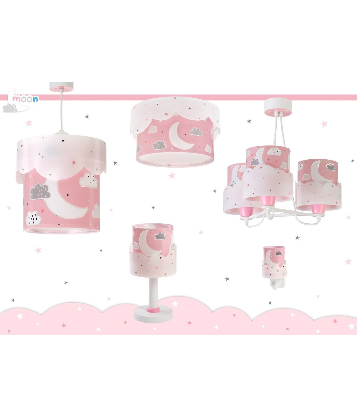 Varias lámparas con nubes y lunas rosas, diseñadas para habitaciones infantiles, diferentes formas y tamaños.