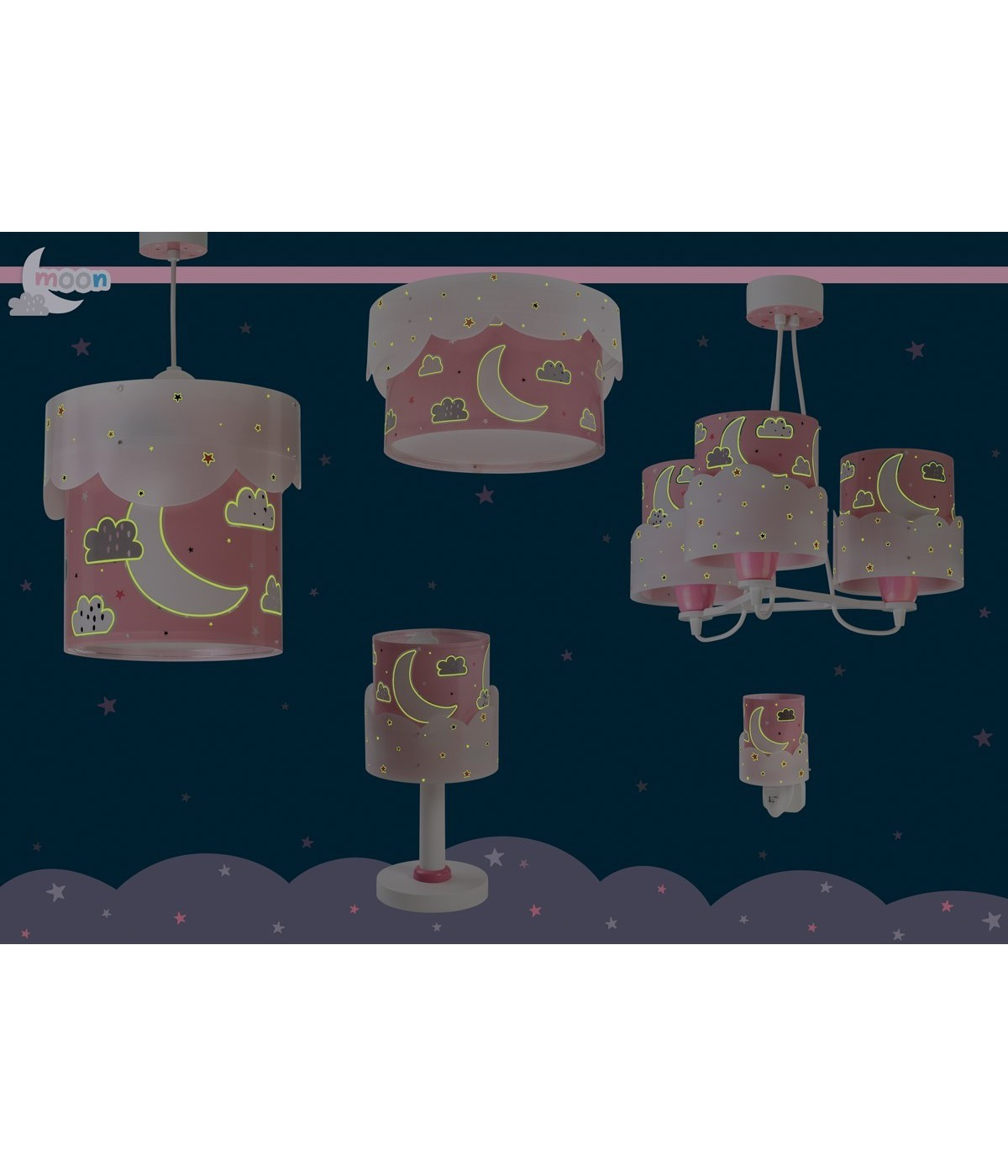 Lámparas rosas y blancas con diseños de luna y nubes, sobre un fondo azul oscuro estrellado.
