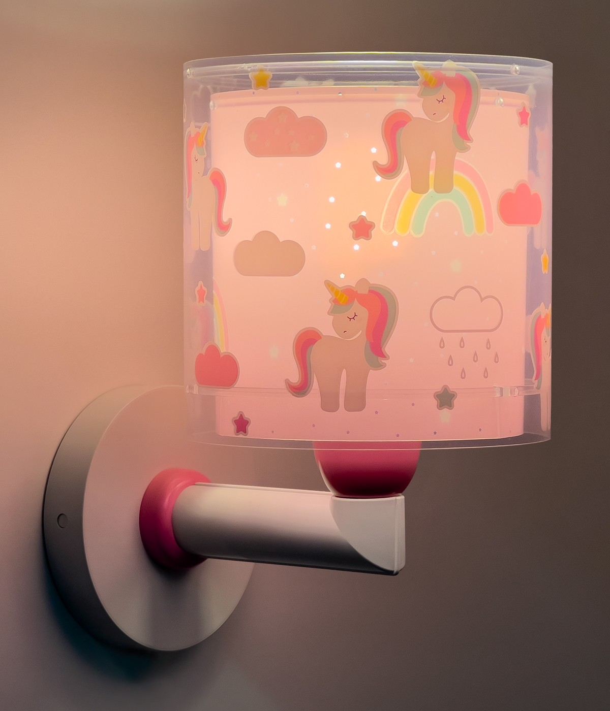 Lampada da parete rosa con unicorno e arcobaleno, con design di stelle e nuvole.